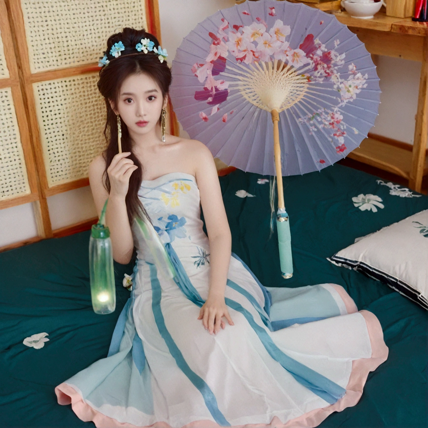 1girl, solo, looking at viewer, brown hair, hair ornament, dress, holding, jewelry, sitting, flower, earrings, barefoot, indoors, bed, umbrella, hand fan, realistic, holding fan
