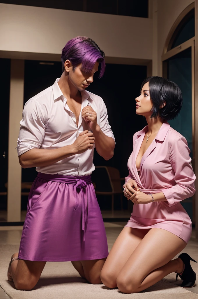 Concept art, overhead angle of a romantic proposal scene, featuring a man proposing to a woman. The man has short brown hair, wearing a white shirt with a blue blazer and black pants. He is on one knee, holding an open ring box. The woman has long black hair, styled as short hair with a fluorescent purple hair tie. She is wearing a flowing red dress and stands in front of him, covering her mouth in surprise. The background is a solid pastel pink color. The scene is rendered in high resolution, equirectangular 360, unity 8k wallpaper ultra detailed, aesthetic, masterpiece, best quality, photorealistic. [(art by Willi Baumeister:1.1), (art by John T. Biggers:1.2)::17], official art."