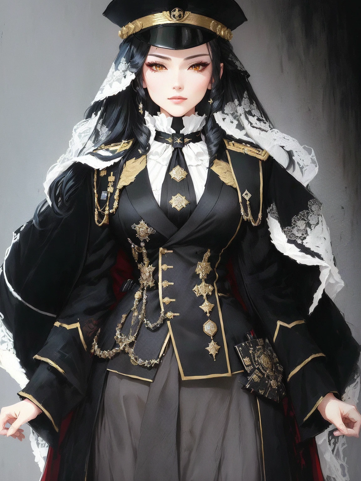 there is a picture of a woman in a costume on a screen, girls frontline style, from girls frontline, very detailed and rich clothing, ((wearing aristocrat robe)), !!full body portrait!!, highly detailed full body, royal attire akira, full body adoptable, full body xianxia, inspired by Li Chevalier, beautiful androgynous prince, a millitary general with black and white hair, a red and green clockwork eyes. She has a millitary designed outfit with a military suit and a tie, military badges, and a military hat