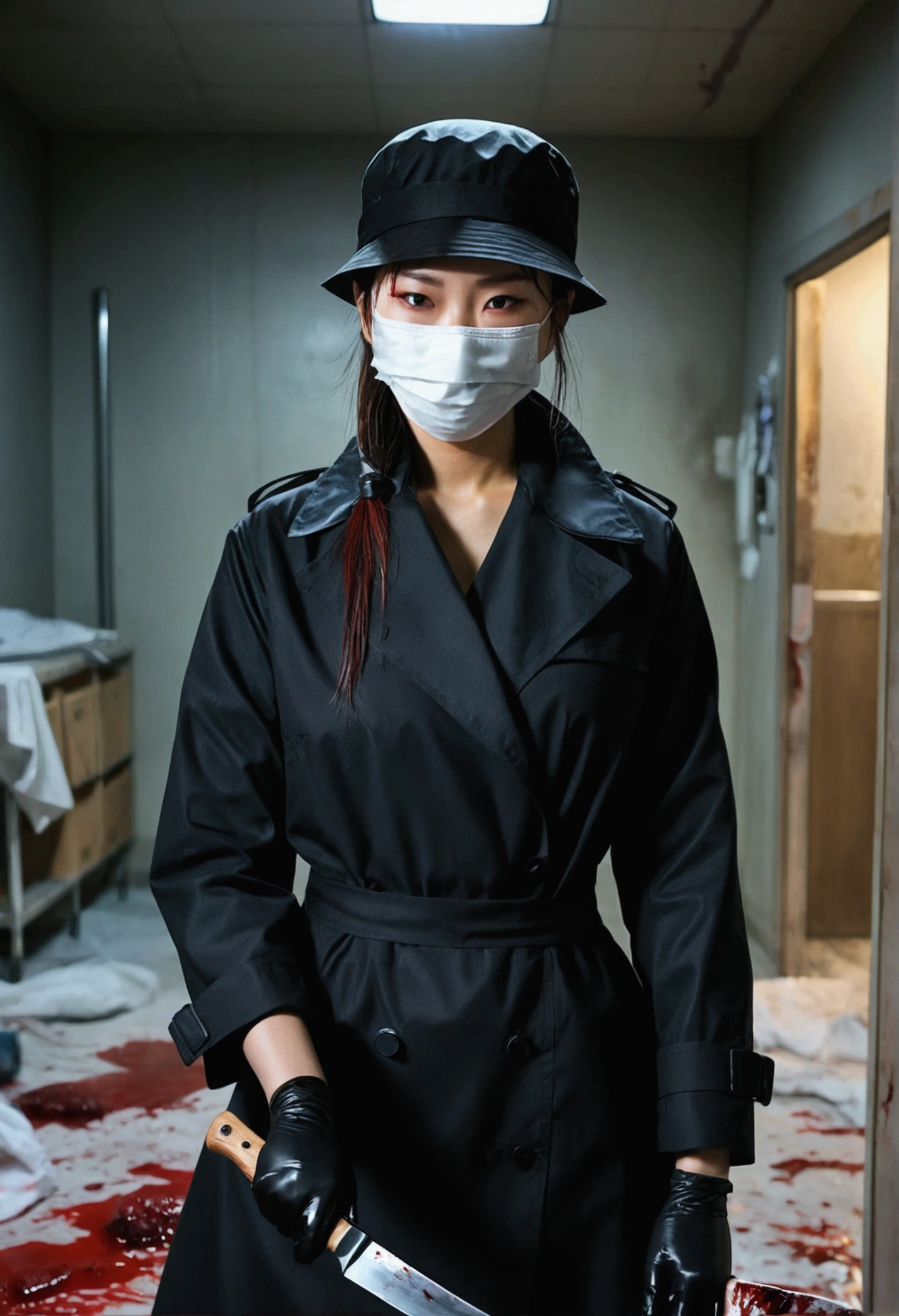 korean beautiful girl, (behind corpse, surgical mask), holding knife, stabbing, black gloves, room full of blood, black trench coat, bucket hat, holding knife, black gloves, behind corpse, blood splatter, low ponytail, black wet suit, night, mass murderer, robbery, dark atmosphere, cinematic lighting, atmospheric realistic,
