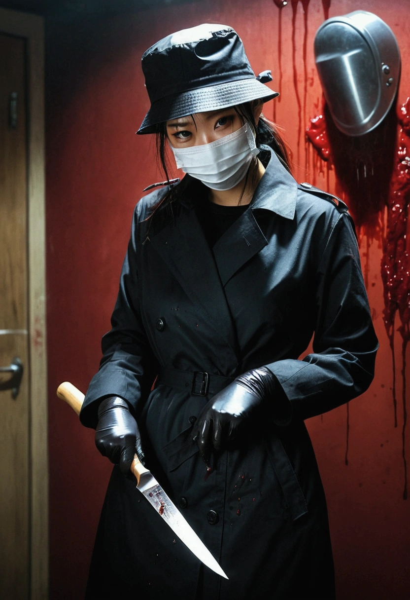 korean beautiful girl, (behind corpse, surgical mask), holding knife, stabbing, black gloves, room full of blood, black trench coat, bucket hat, holding knife, black gloves, behind corpse, blood splatter, low ponytail, black wet suit, night, mass murderer, robbery, dark atmosphere, cinematic lighting, atmospheric realistic,