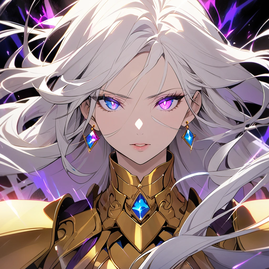 woman, blue eyes, long hair, white hair, mature, god eyes, diamond earings, glowing right eyes, two colors eyes, purple eyes, golden armor, main face, front face
