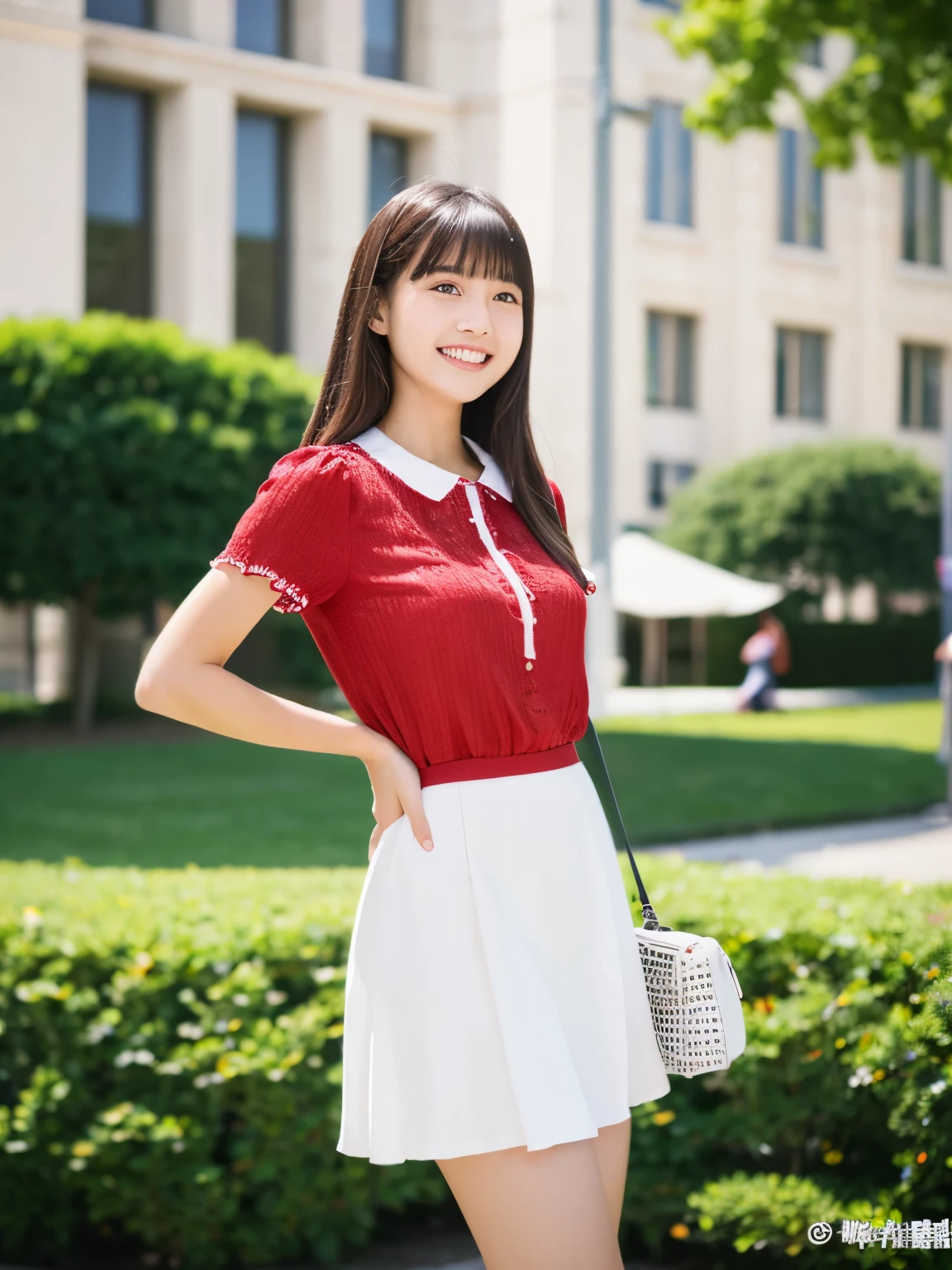 masterpiece , Highest quality , Very detailed , 8k , Cute Woman , One girl , blouse , bangs , smile , White teeth , Symmetrical eyes, 半袖blouse、mini skirt、Red Heels、Summer daytime、Talking with a friend in front of the campus building、