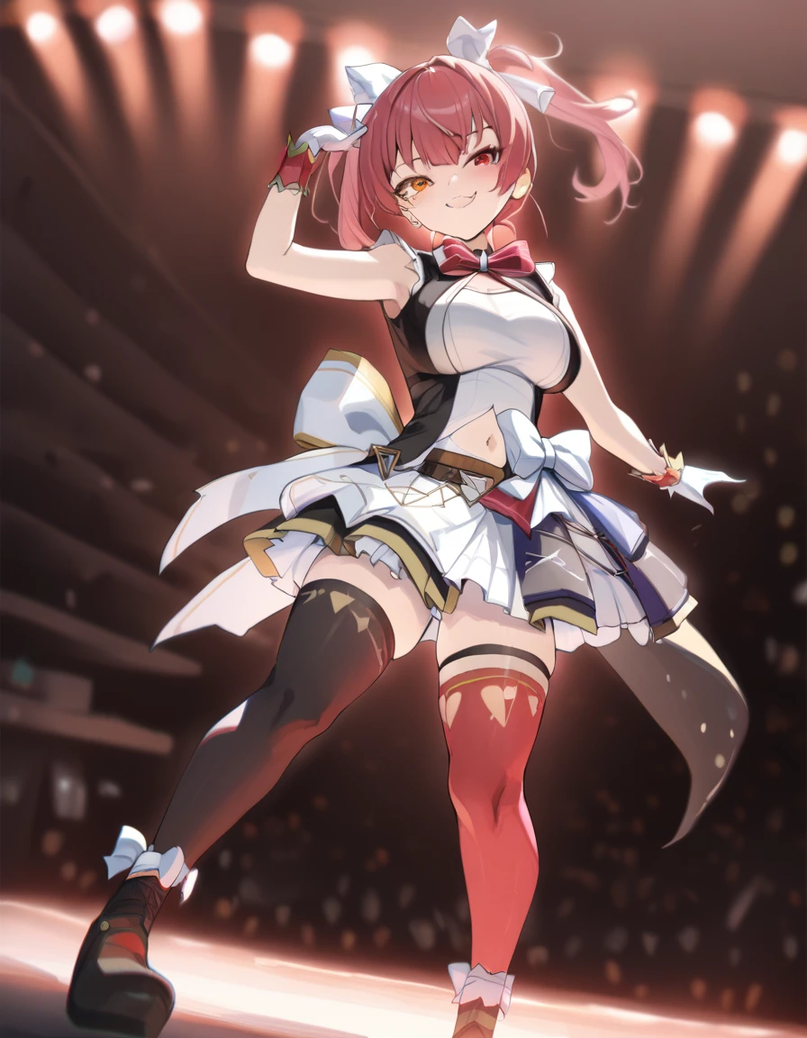 2d, masterpiece, best quality, anime, highly detailed, full body, 1girl, solo, marine_idol, hololive idol uniform, white bow, white gloves, red ribbon, red bowtie, layered skirt, navel cutout, mismatched legwear, red thighhighs, black thighhighs, heterochromia, red eyes, yellow eyes, BREAK stage, red lights, dynamic pose, smile
