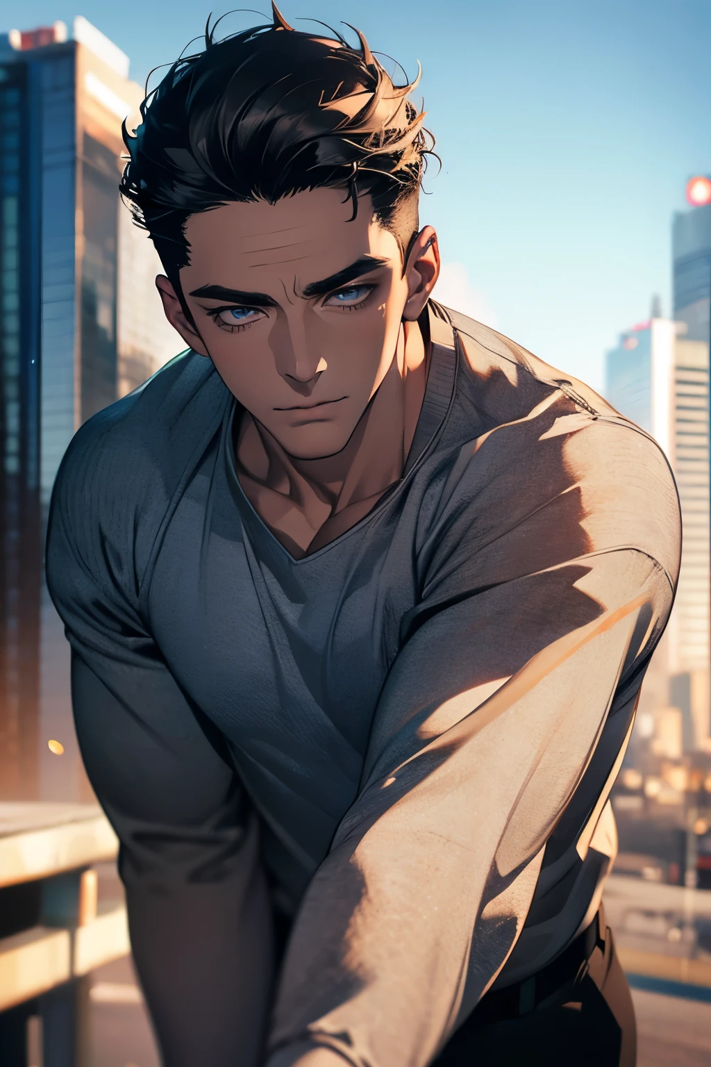 (Best Quality,4k,8k,high resolution,Masterpiece:1.2),ultra detailed,(realist,photorealist,photo-realist:1.37),1 man,31 years,mature man,very handsome,without expresion,muscled body,short gray black hair,Blue eyes,glare,perfect face without mistakes,imposing posture,businessman,office background,cinematic lighting,imagen HDR