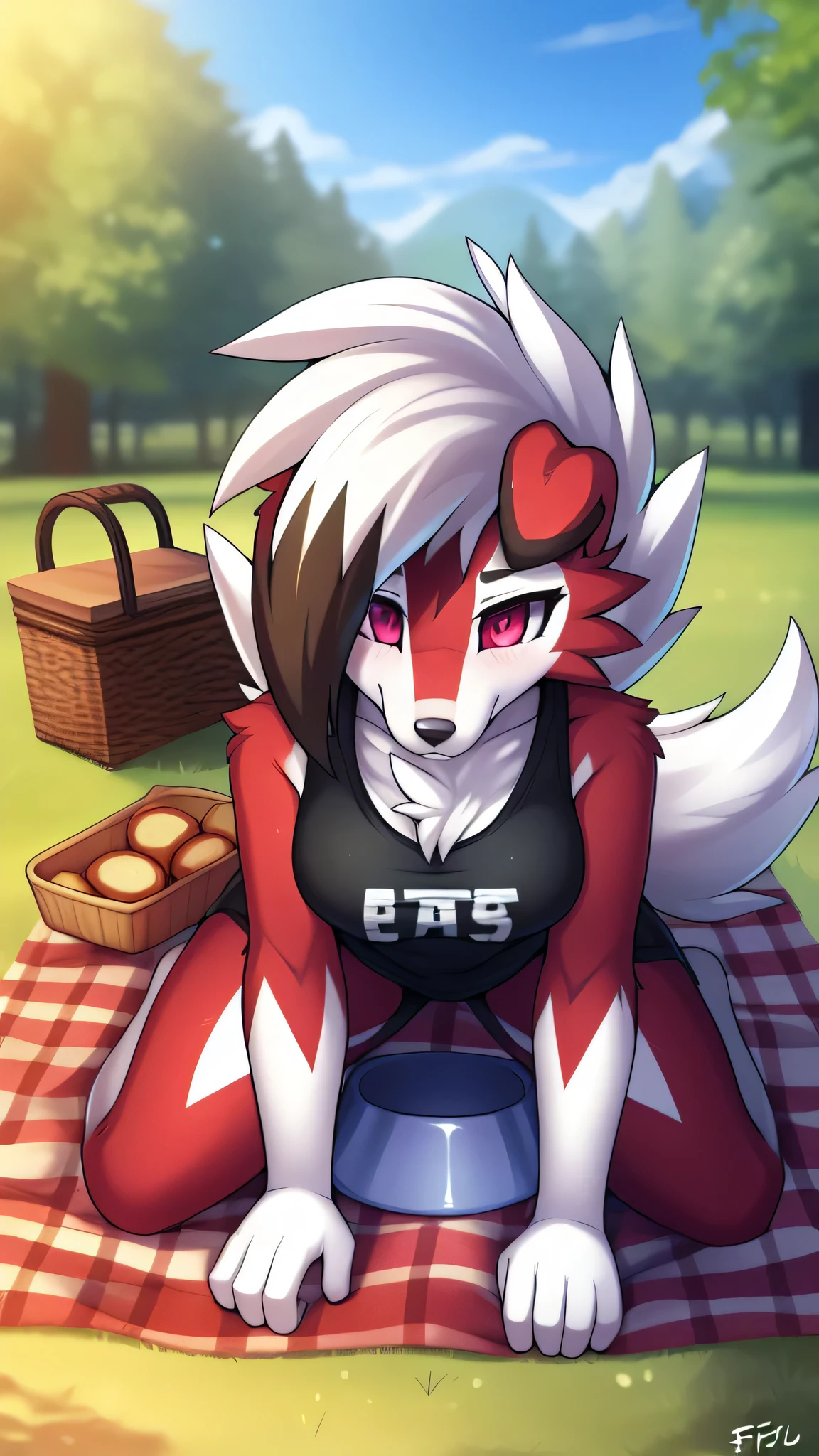 from Zinfew,отwistedscarlet60, uploaded to pixiv, from down-kevlar, (masterpiece), (Best quality), (Solo Woman:1.2), (extremely detailed:1.3),(detailed eye,black circle on the eye,Pink Eye), Lycanroc midnight, view in viewer, close view, Shy face, half body in portrait, only body and head, close view,Adult body posture, slender body, (165 cm),Lycanrock close up photo, in the park, a picnic, a picnic rug on ground, Lycanroc sitting on the carpet, red and white checkerboard carpet, food on the mat, wear a cropped sports T-shirt and sports shorts, Camera angle from below, carries a plate of pie, a picnic basket