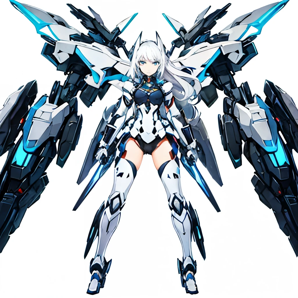 big ,  1girl, at school, white background, silver hair, blue eyes, emotionless, detailed face, view at camera, school unifom, full body, shot from far, half body, mecha armor, long hair