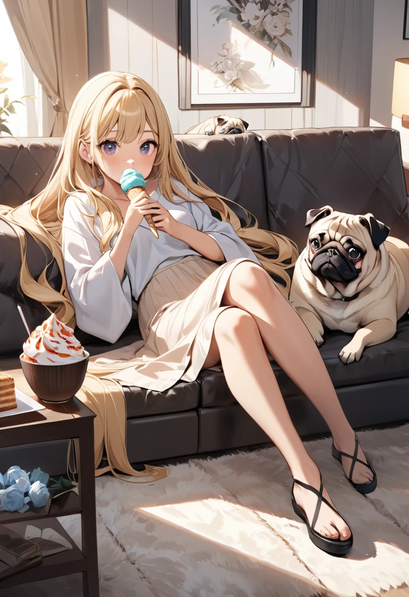 A beautiful girl with long, flowing blonde hair is lying on the sofa in the living room, eating ice cream. A pug is sitting next to her, looking like it's about to eat ice cream. She has beautiful flowing hair, a beautiful and delicate face, and a perfect body shape. She's relaxing after a bath. She's wearing stylish pajamas with a striped pattern, a towel draped over her shoulders, and has nails on her feet.