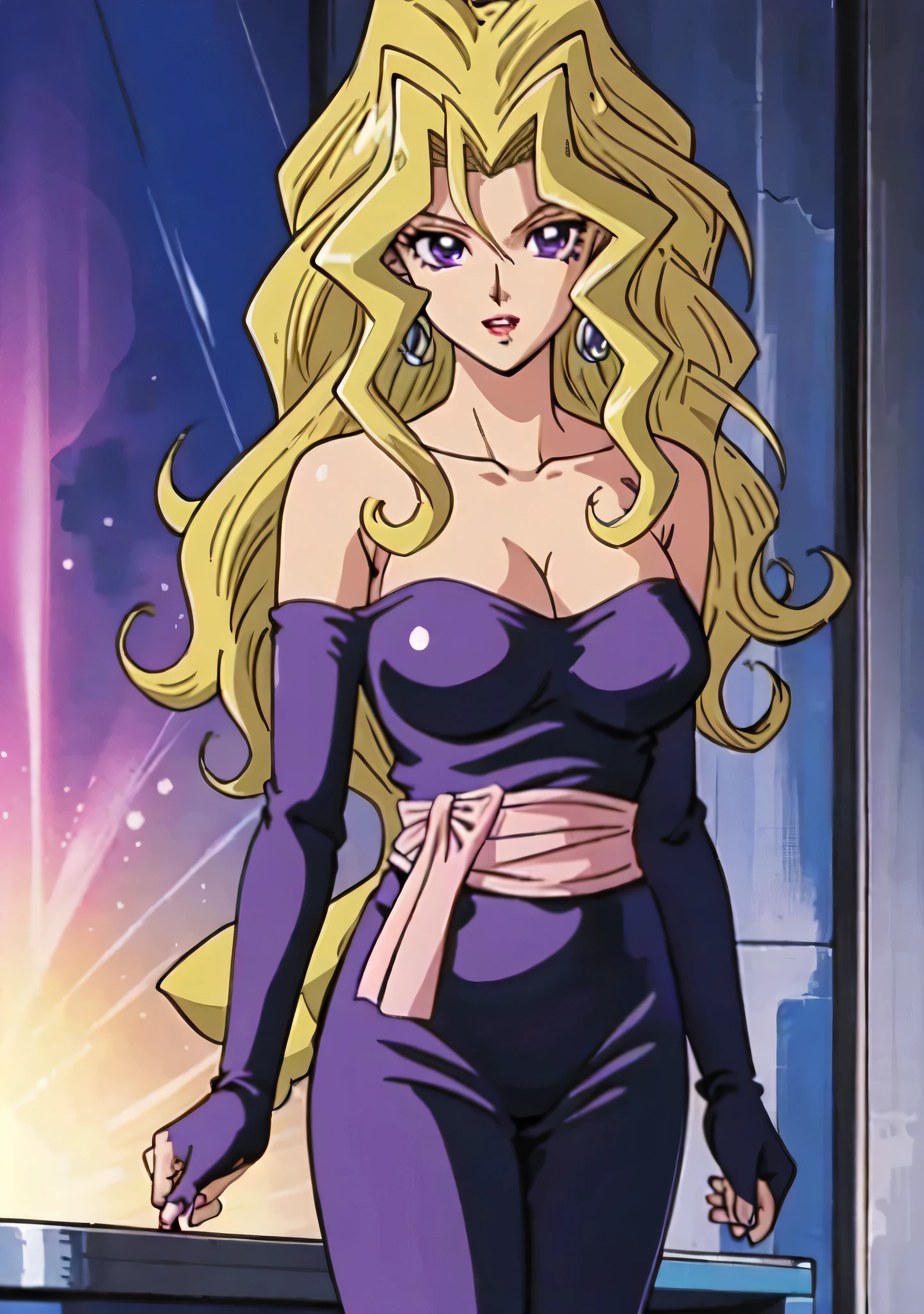 masterpiece、Highest quality、Anime Women、solo、Watching the audience、laugh at、Long Hair、bionde、eyelash、lipstick、Purple Eyes、Wavy Hair、Big Breasts、A woman with very large breasts、collarbone、Purple bodysuit、Off the shoulder、Long sleeve、Pink sash、