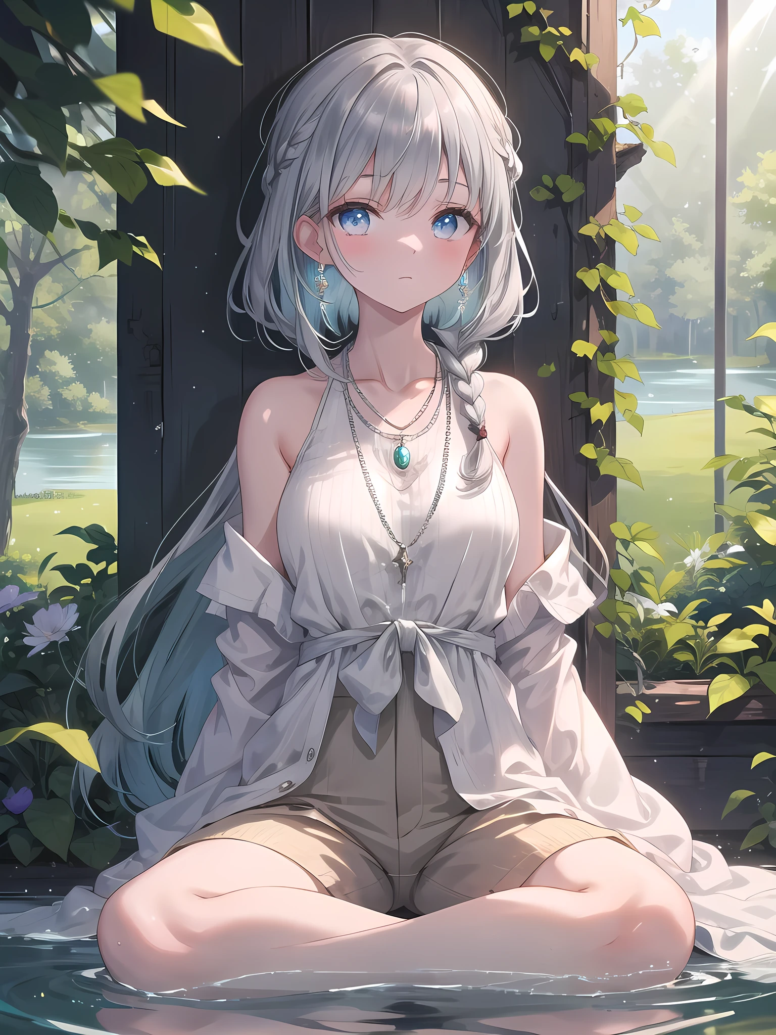 (masterpiece, highest quality), A girl with long white hair sitting in a field with green plants and flowers, Warm moonlight, Blurred foreground, change, River bank, Bra shorts, Strange Eyes