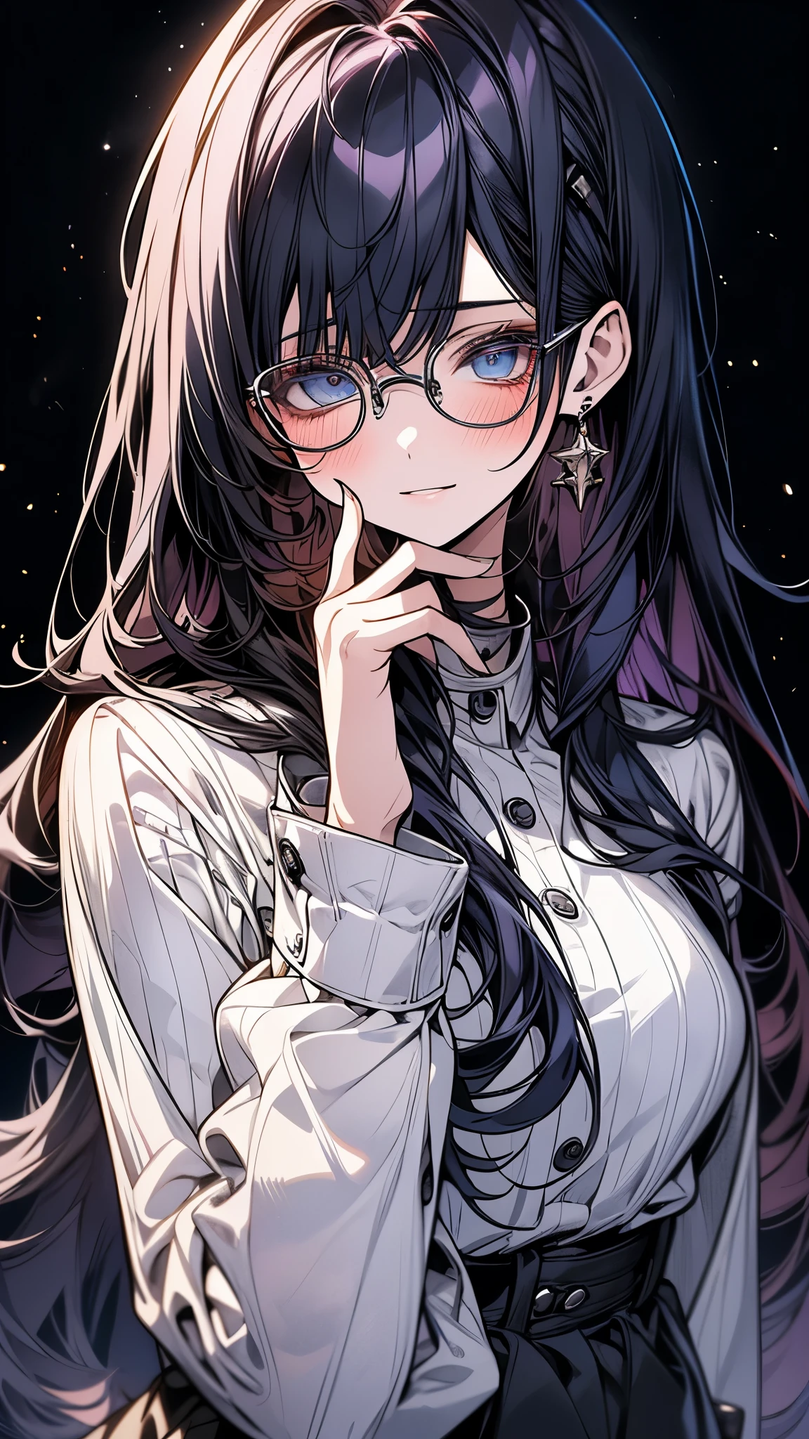 (Top resolution、Distinct_image)top-quality、(A girl) 、masterpiece、highly detailed, half body, Semi-realistic、 ( blue eyes ) 、18year old,
( dark purple hair ) ,young 、Exquisite facial
An expression of shy, Shy girl,
(Wear glasses) ,Facial features ,variation potrait, long hair , age, cool , cold sharp eyes, , {Very detailed 8k CG unit wallpaper}, students, whit oversized shirt ,library background, (black sweater on top)