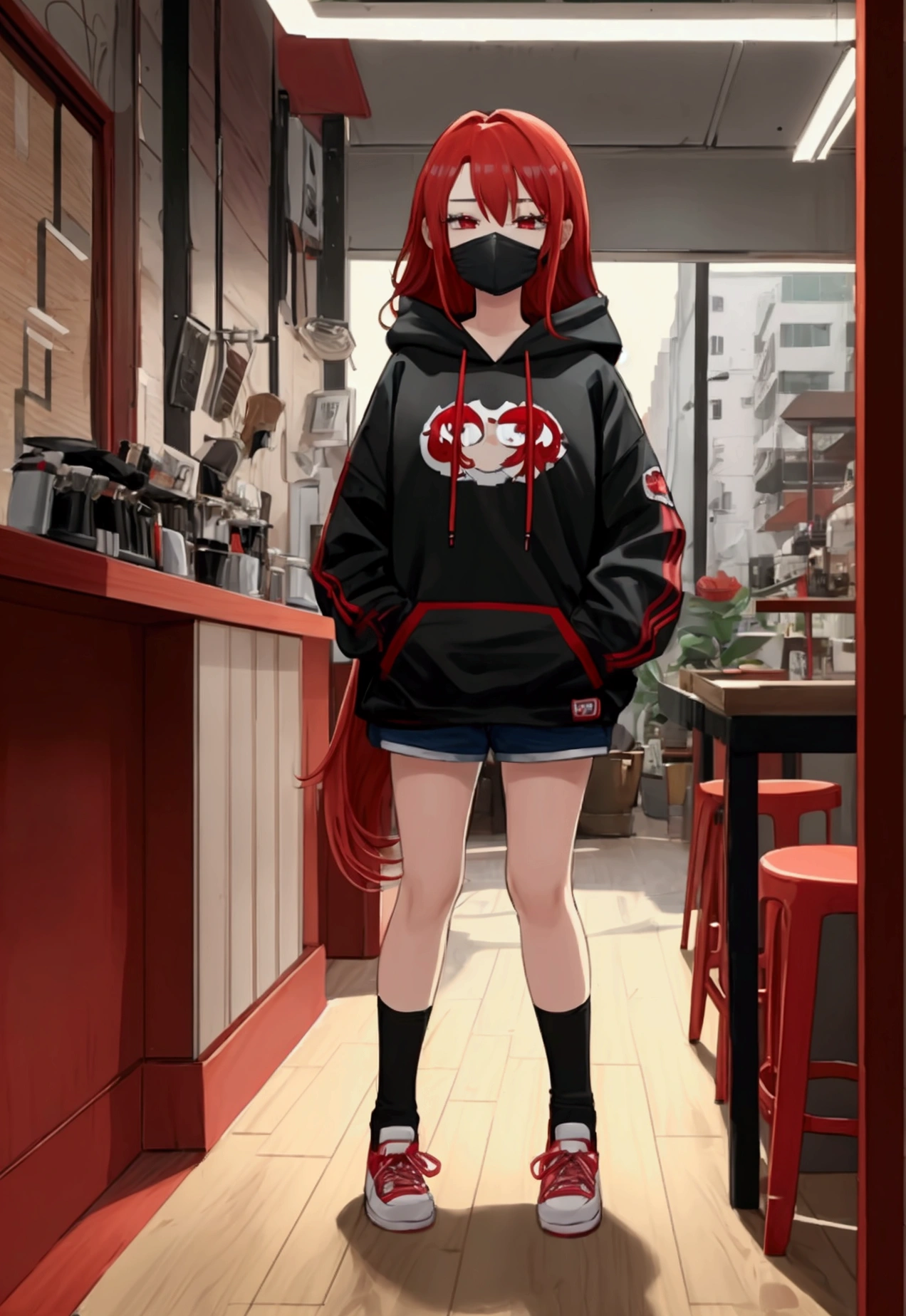 1 girl, Red hair, hair collected, locks of hair on the face, Red eyes, mask, oversized hoodie, diaphragm, hot pants, socks, laced socks, bags under the eyes, Session, coffee shop, ground angle shot, spectator looking up, feet in socks, saggy tits, Shocks, raw photography, 8k, masterpiece,