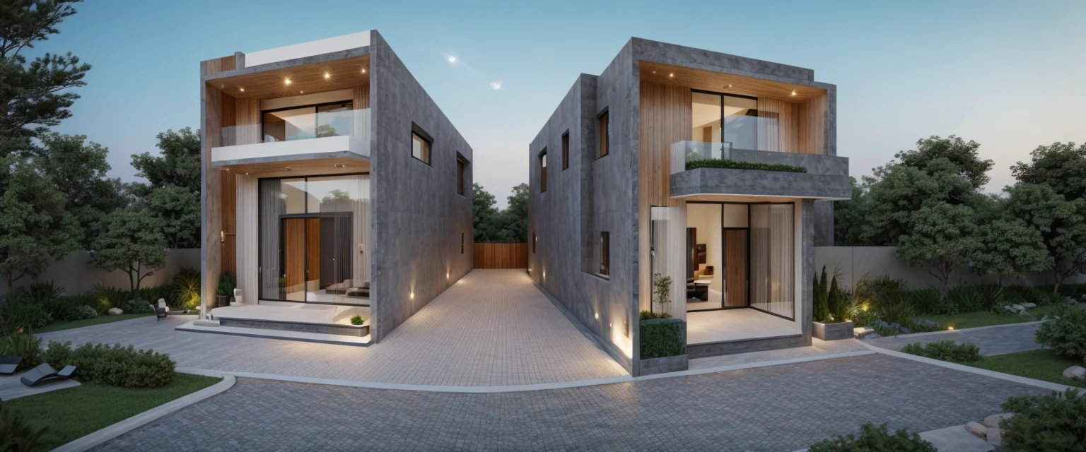 (((best quality, masterpiece))), (surreal, optical:1.2), high quality, (daylight:1.2), perfect lighting,(residential) modern house modern, main material ((wood: gray stone:0,4)), villa, modern gray house, modern, dynamic light, super light, ((light emitted from inside the house: 1.1)) , ((clear blue sky:1.3)), ((garden lights)), rock, peaceful, romantic , ((haze))