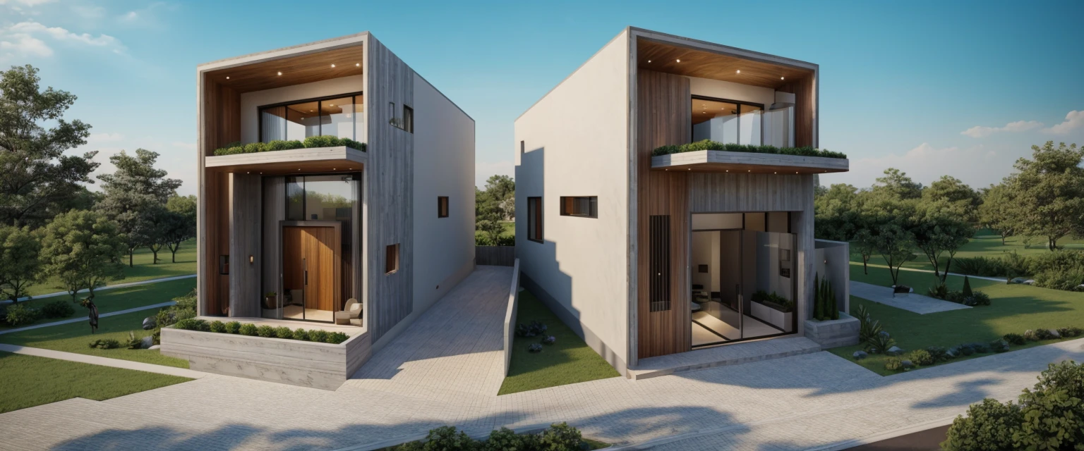 (((best quality, masterpiece))), (surreal, optical:1.2), high quality, (daylight:1.2), perfect lighting,(residential) modern house modern, main material ((wood: gray stone:0,4)), villa, modern gray house, modern, dynamic light, super light, ((light emitted from inside the house: 1.1)) , ((clear blue sky:1.3)), ((garden lights)), rock, peaceful, romantic , ((haze))