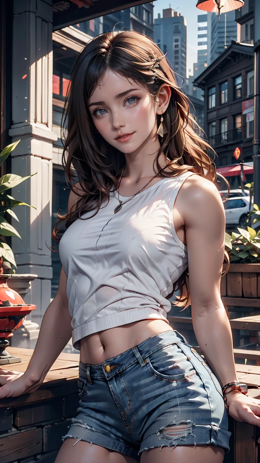 Highest quality, masterpiece, Ultra-high resolution, (Genuine: 1.4), Original photo, (Evening City), 1 girl, Iris, Looking at the audience, Long Hair, light makeup, Lips with red lipstick, Apply eyeshadow、Small ears, White T-shirt, Denim shorts, Earrings, Sit in Ferrari,, slim, Neat, garden、24-year-old woman、Sexy proportionature female body、Sexy proportionakeup、Textured skin((textured skin))、smile、Narrow waist