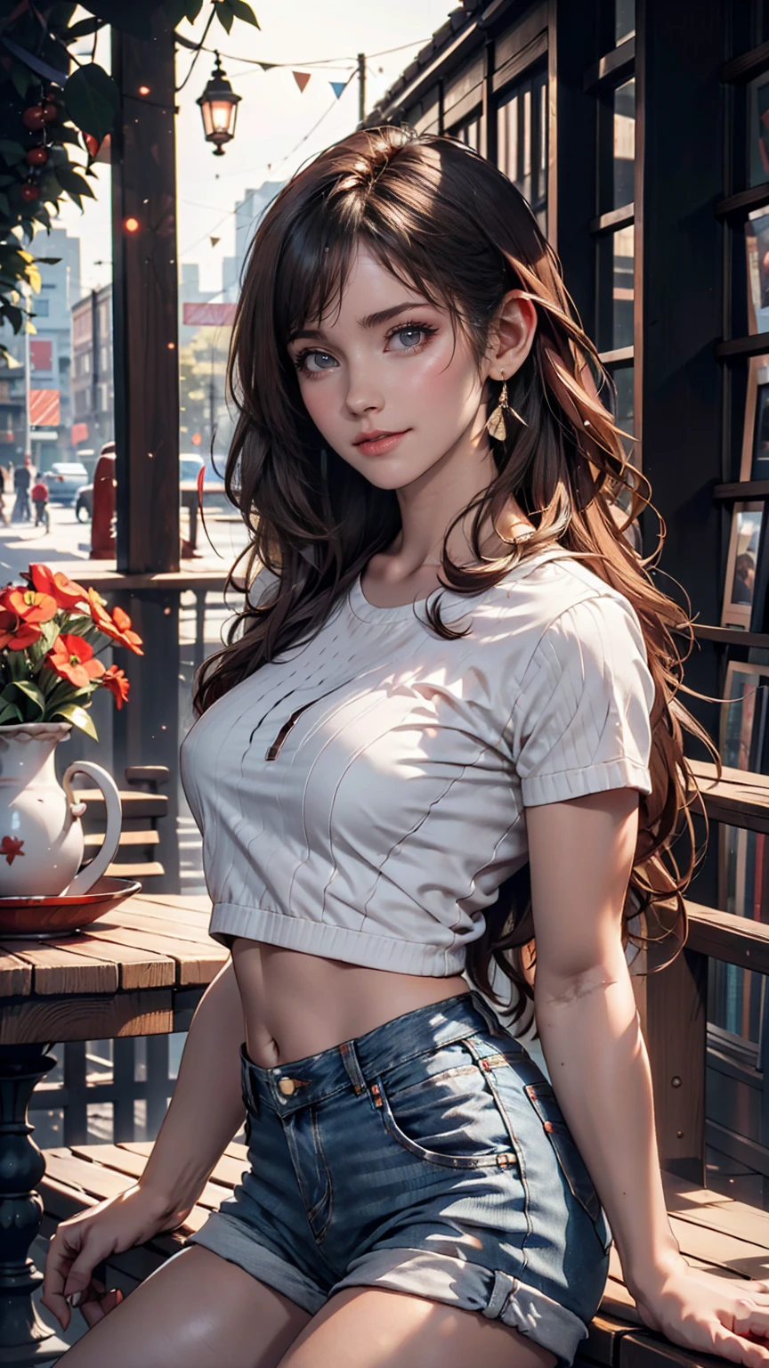 Highest quality, masterpiece, Ultra-high resolution, (Genuine: 1.4), Original photo, (Evening City), 1 girl, Iris, Looking at the audience, Long Hair, light makeup, Lips with red lipstick, Apply eyeshadow、Small ears, White T-shirt, Denim shorts, Earrings, Sit in Ferrari,, slim, Neat, garden、24-year-old woman、Sexy proportionature female body、Sexy proportionakeup、Textured skin((textured skin))、smile、Narrow waist