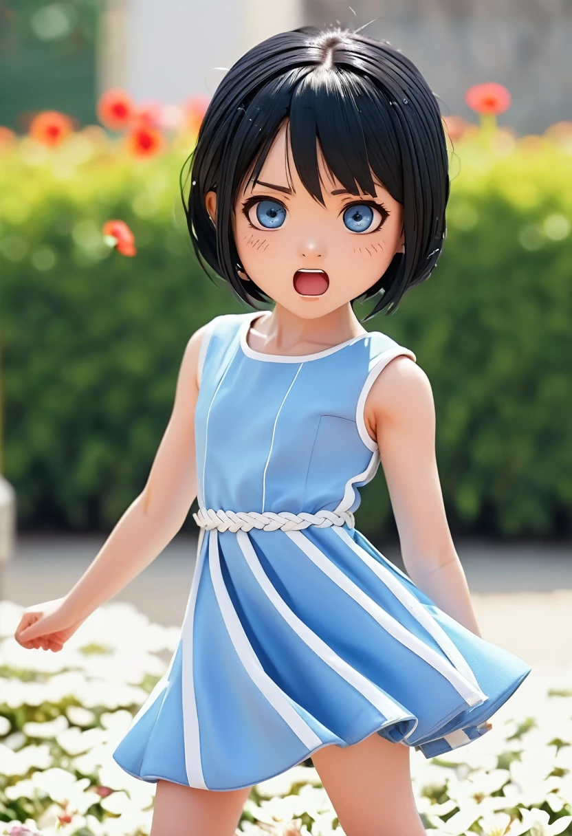 Highest quality、High resolution、Detailed Background、Beautiful face in every detail、Anatomically correct、Detailed facial expressions、fine grain、((From the side))、((One Girl))、Chibi Girl、 Black Hair、beautiful clear big blue eyes、Braided Bob、Sleeveless dress、The background is a flower bed、Very angry、Throw a punch at the audience、(Motion Blur:1.5), (Blurred hands:1.5)