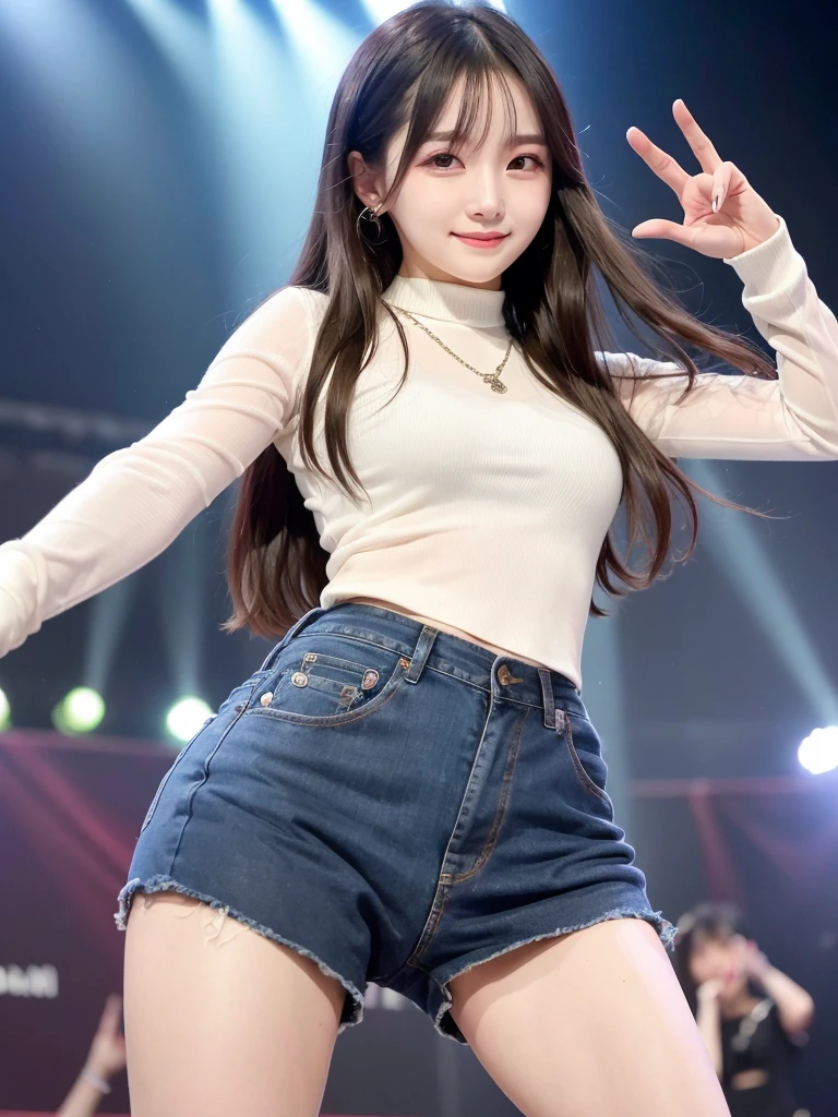 ((highest quality、8k、masterpiece:1.3)),((((fullbody shot)))),Ultra-high resolution,big eyes,Japanese,bangs,(a girl),(1 girl),((20 years old)),((facing at viewer)),(long hair),(((black sweater))),grin,((squatting on stage)),(((pussy))),((skirt lift)),(((black short crew socks)))