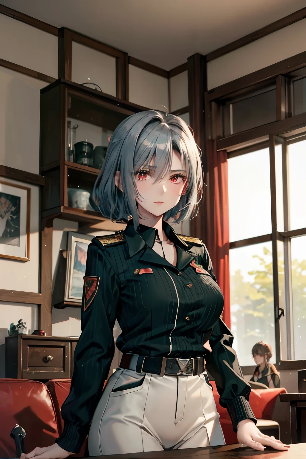 20-year-old beautiful,cool,woman Soviet officer,short silver half updo Wolf Cut hair,red eyes.tsurime,big breasts,a steady person,1940s,Wearing a dark green military uniform,A simple wooden living room, drunk