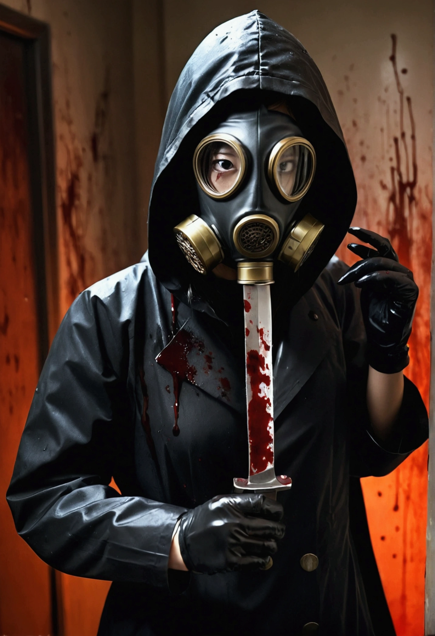 korean girl, (behind corpse, gas mask), holding knife, stabbing, black gloves, room full of blood, black raincoat, hood up, holding knife, black gloves, behind corpse, blood splatter, black wet suit, night, mass murderer, robbery, dark atmosphere, cinematic lighting, atmospheric realistic,
