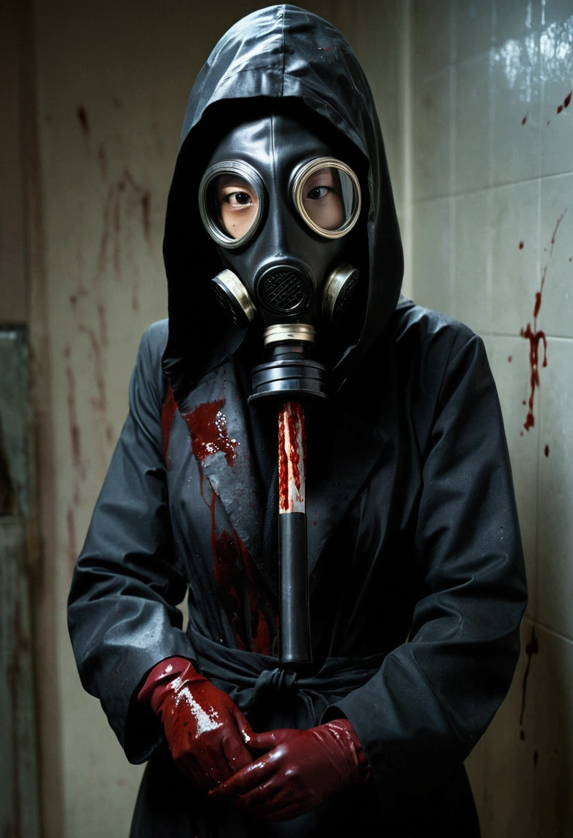 korean girl, (behind corpse, gas mask), holding knife, stabbing, black gloves, room full of blood, black raincoat, hood up, holding knife, black gloves, behind corpse, blood splatter, black wet suit, night, mass murderer, robbery, dark atmosphere, cinematic lighting, atmospheric realistic,