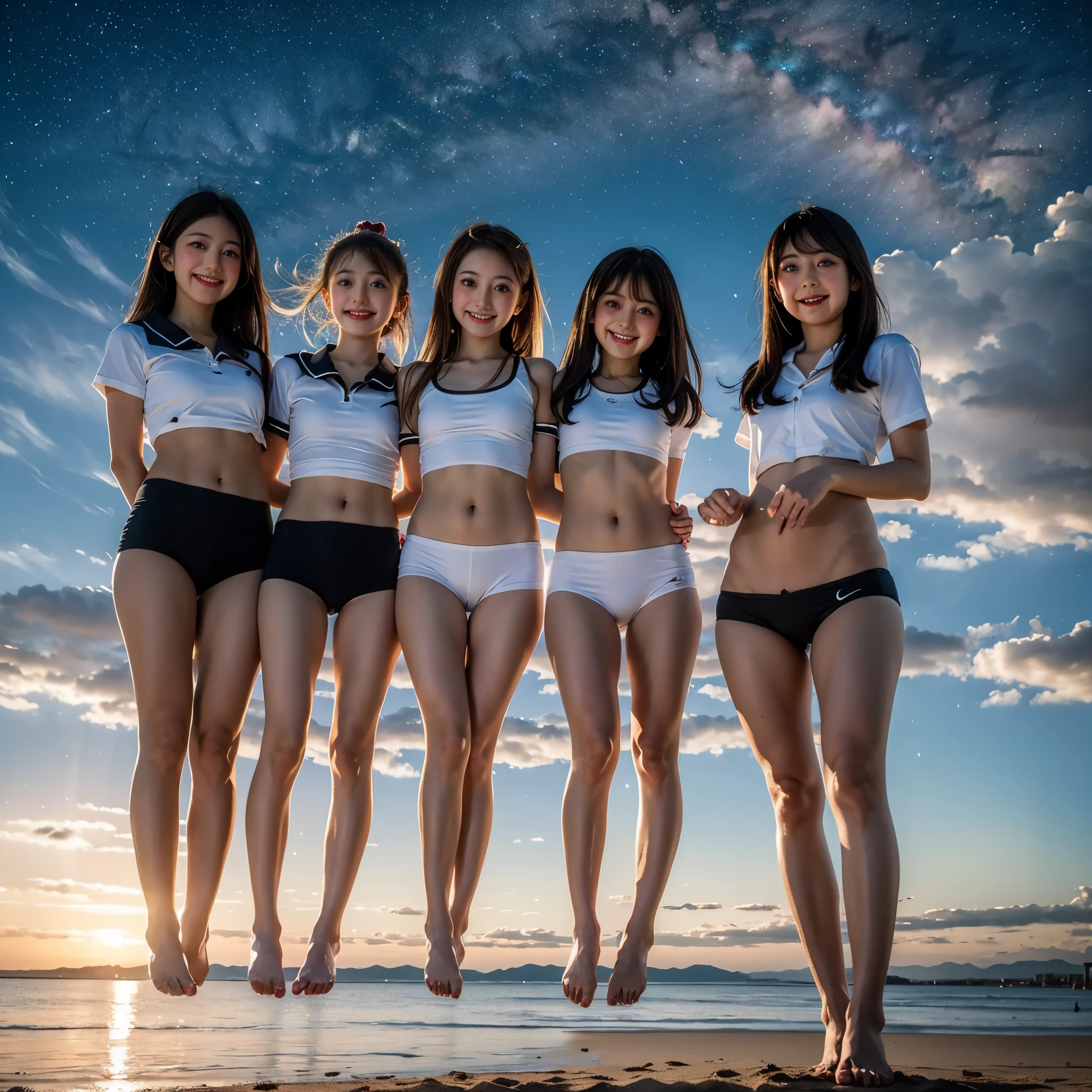  Masterpiece of ProfessionalPhoto ((ExtremelyDetailed (12 PICHIPICHI KAWAII Girls Floating in The Air in a row:1.37) in WHITE at Dusk Enoshima Beach)), {(Standing Full Body:1.2)|(from below:1.2)|Detailed KAWAII face}, Different types of hair colors, {(skinny(school swimwear))|(SchoolUniform)with Skinny AthleticShorts}, {(Corrected Childish hand)|Hidden hand|Different types of breasts|(Clearly Visible the shape of Butt)}, Joyful Expressions LifeLike Rendering, PerfectLighting, (Dazzling Horizon Visible through ThighGap), (Starry IridescentParticles:1.22) ColorfulClouds