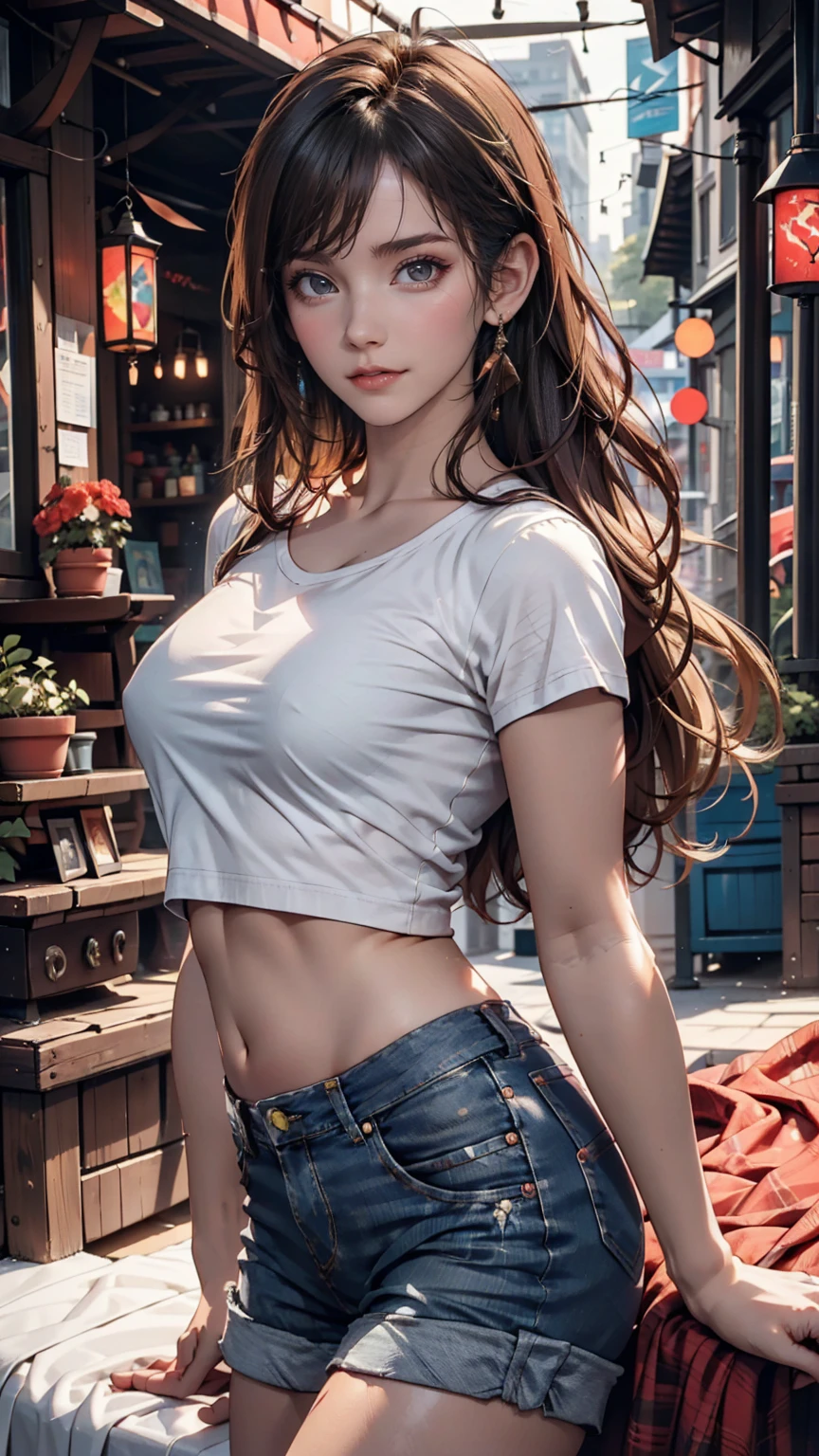 Highest quality, masterpiece, Ultra-high resolution, (Genuine: 1.4), Original photo, (Evening City), 1 girl, Iris, Looking at the audience, Long Hair, light makeup, Lips with red lipstick, Apply eyeshadow、Small ears, White T-shirt, Denim shorts, Earrings, Sit in Ferrari,, slim, Neat, garden、24-year-old woman、Sexy proportionature female body、Sexy proportionakeup、Textured skin((textured skin))、smile、Narrow waist