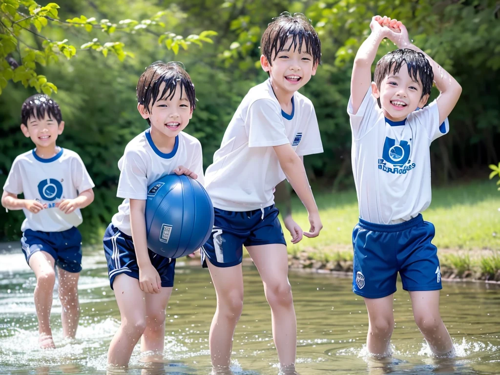 In the forest、 in the countryside、Swimming in the river、Bathing in water、水でGet wet all over、Cute eletary boy、Boy in gym clothes、The bottom of the white T-shirt is blue、Blue shorts、The boys are playing、Get wet all over、The laughter of boys can be heard from afar、Splashing Water、Japanese、(Boy 1.4)、high resolution、Highest quality、wet clothes、transparent