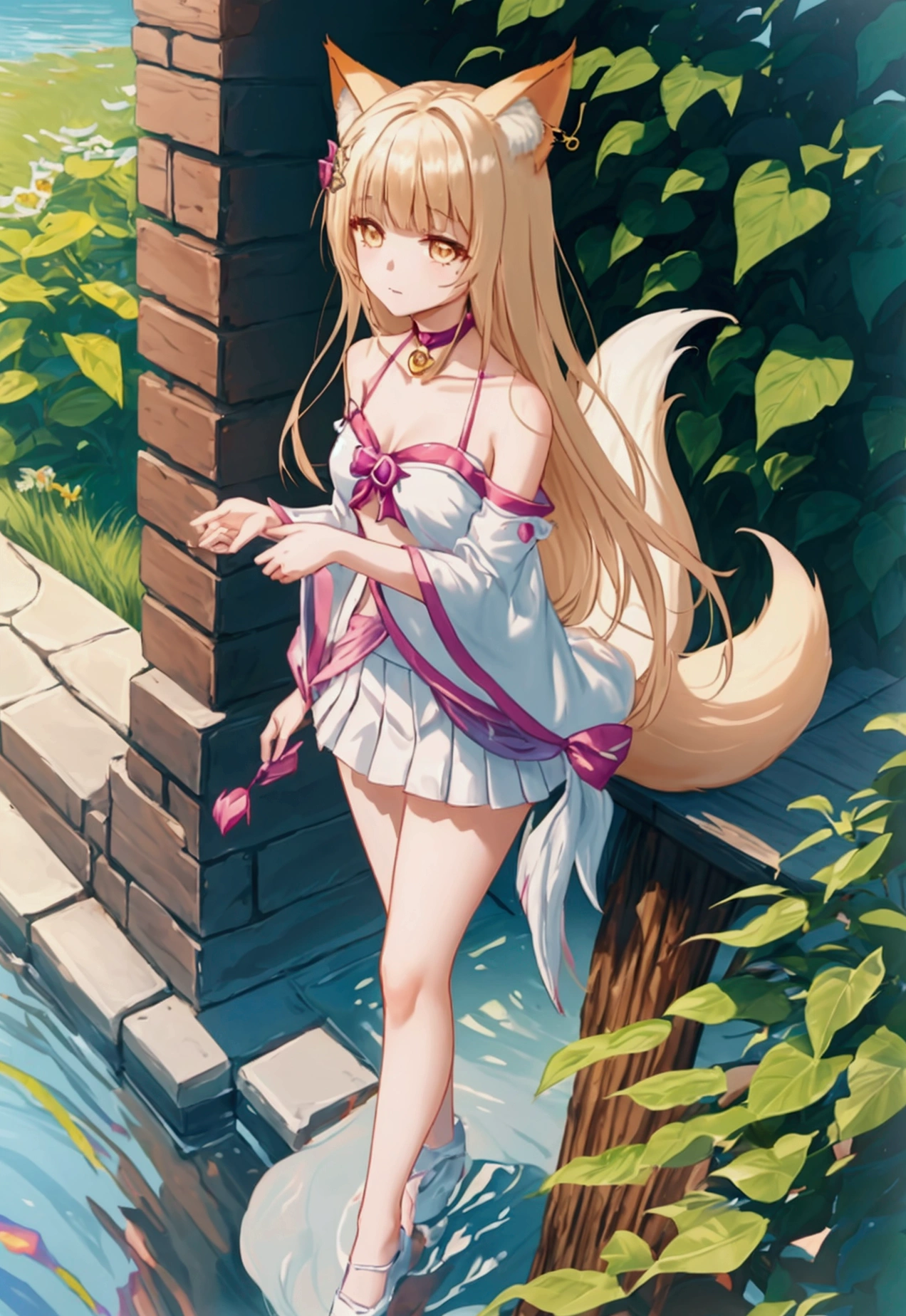 k/and_Ahri, 1 girl, Ahri (League of Legends), old, animal ears, by rubio, Alone, fox ears, k/and (League of Legends), by the wide, neckline, cola, mustache marks, looking at the viewer, facial mark, choker, large old, bare shoulders, Fox cola, joandas, yellow eyes, Upper part of the body, multiple colas, hits, bright, clavicle, Covered navel, earrings