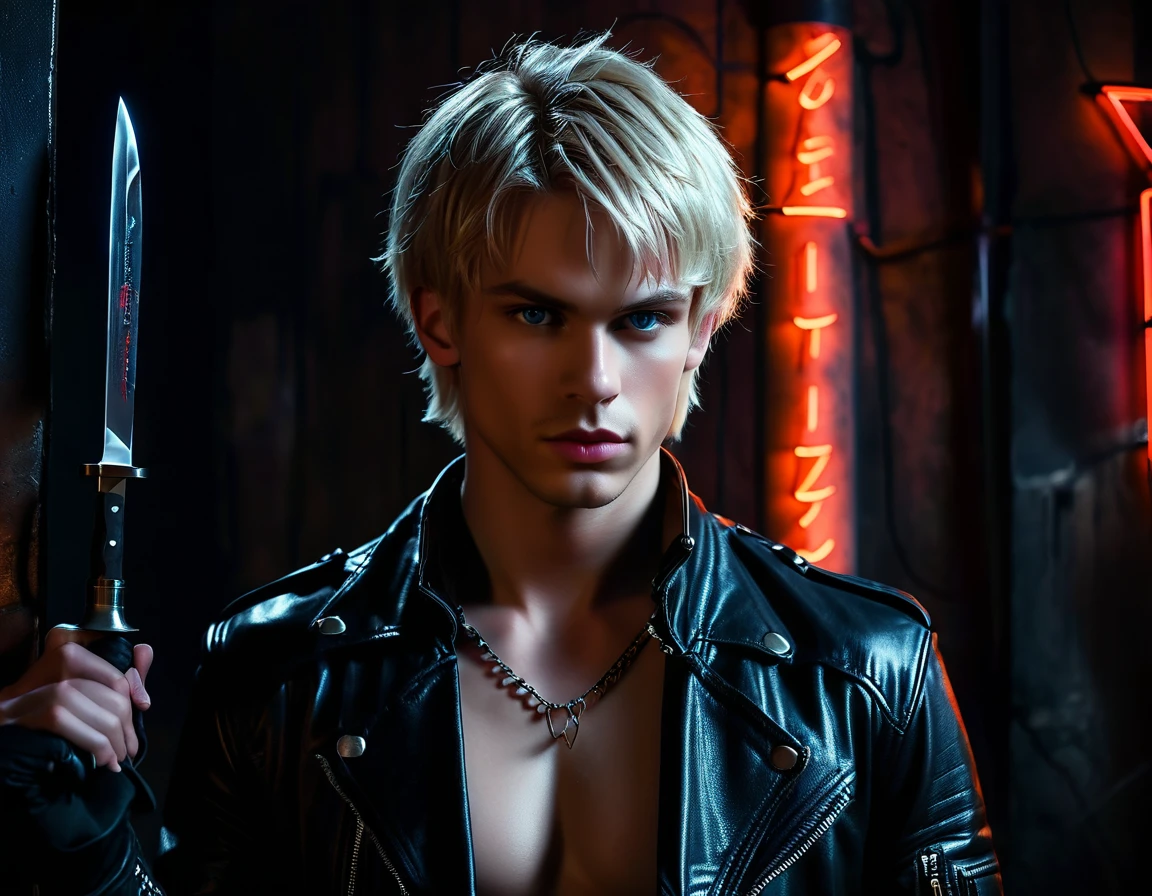 Hyper realistic, dark vibes, solo, young man, round face, 22 years, pale skin, blue eyes, (short cropped textured blond hair:1.1), tussled side swept fringe to the right, black leather jacket, (holding knife:1.1), dark lighting, standing inside BDSM dungeon room background, foreboding, sexy, attractive, demon, incubus, evil, dark, sadistic expression (smirk:1.1), (red neon sign in background that says "CONTEXT":1.1)