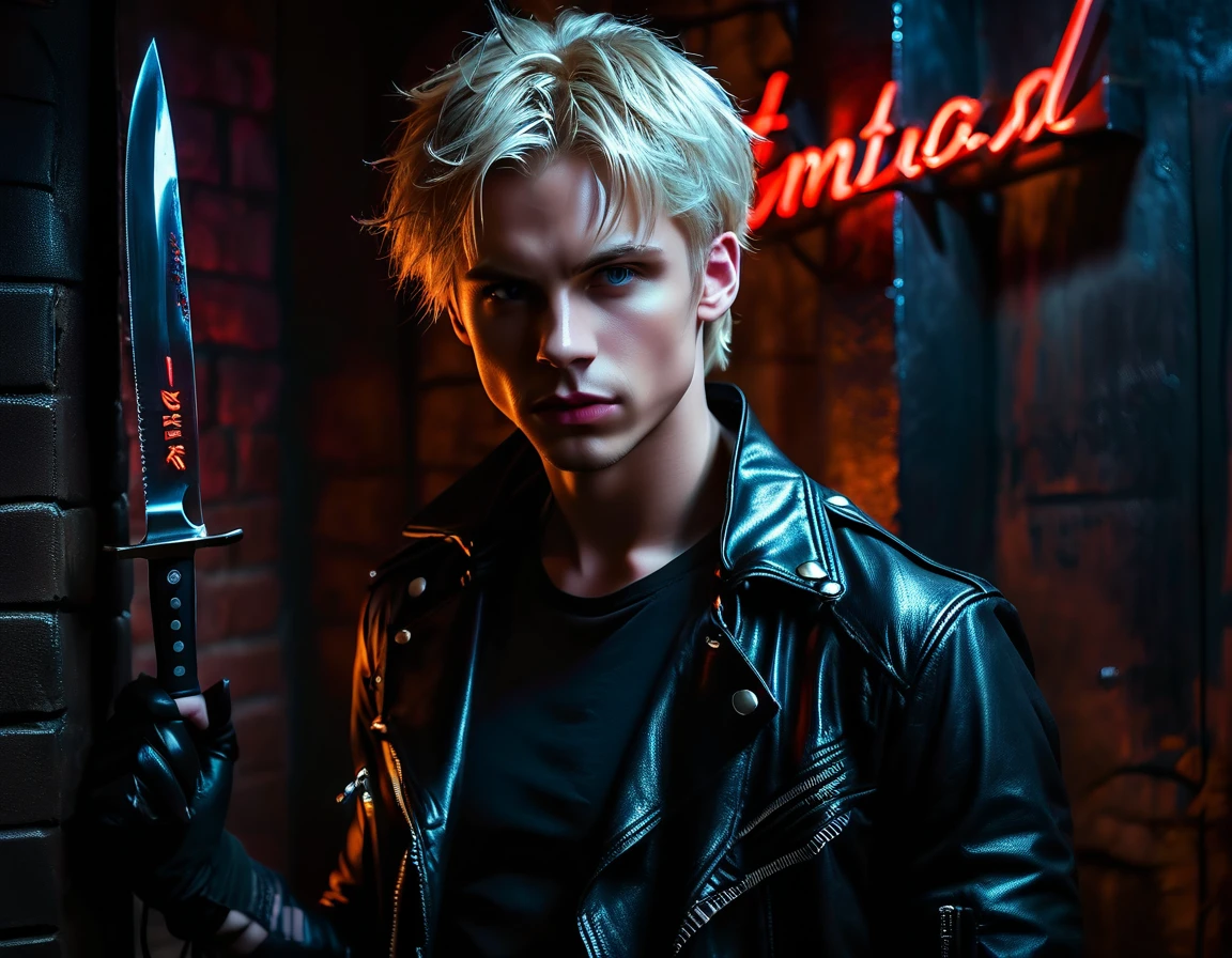 Hyper realistic, dark vibes, solo, young man, round face, 22 years, pale skin, blue eyes, (short cropped textured blond hair:1.1), tussled side swept fringe to the right, black leather jacket, (holding knife:1.1), dark lighting, standing inside BDSM dungeon room background, foreboding, sexy, attractive, demon, incubus, evil, dark, sadistic expression (smirk:1.1), (red neon sign in background that says "CONTEXT":1.1)