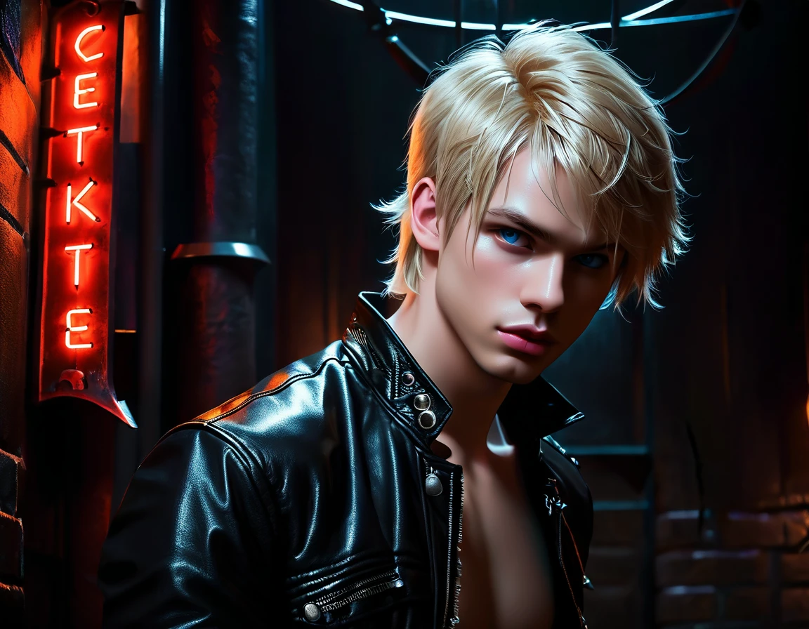 Hyper realistic, dark vibes, solo, young man, round face, 22 years, pale skin, blue eyes, (short cropped textured blond hair:1.1), tussled side swept fringe to the right, black leather jacket, (holding knife:1.1), dark lighting, standing inside BDSM dungeon room background, foreboding, sexy, attractive, demon, incubus, evil, dark, sadistic expression (smirk:1.1), (red neon sign in background that says "CONTEXT":1.1)