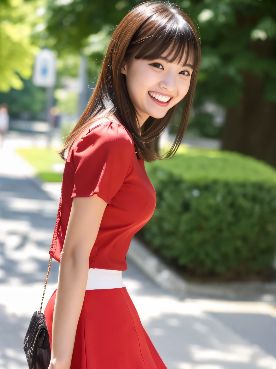 masterpiece , Highest quality , Very detailed , 8k , Cute Woman , One girl , blouse , bangs , smile , White teeth , Symmetrical eyes, 半袖blouse、mini skirt、Red Heels、Summer daytime、She was surprised when a man called out to her on campus.、