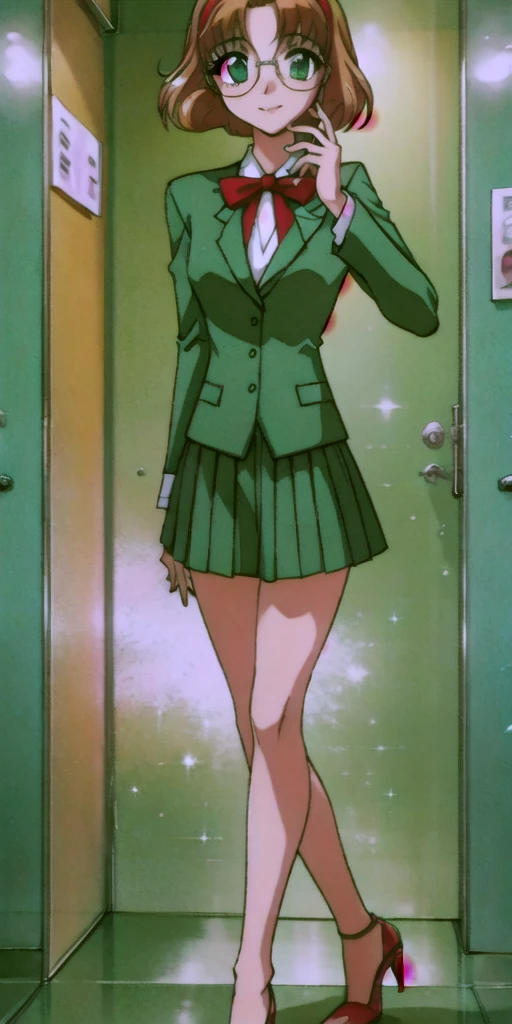 fuu hououji, (4k portrait),  masterpiece, best quality,looking at viewer, 1girl,short hair,light brown hair,Glasses,((red hairband)),green blazer,mini skirt,(green high heels:1.4), smile,masterpiece,Noise Reduction,perfect anatomy,high resolution, ultra-detailed,game cg,dutch angle ,beautiful detailed eyes,visualart,five fingers, perfect hands, perfect lighting,BREAK (pants,1.5), full body, arms at sides, BREAK (indoor:1.6), ( Elevator Hall:1.6), (she's in the elevator: hall1.6)