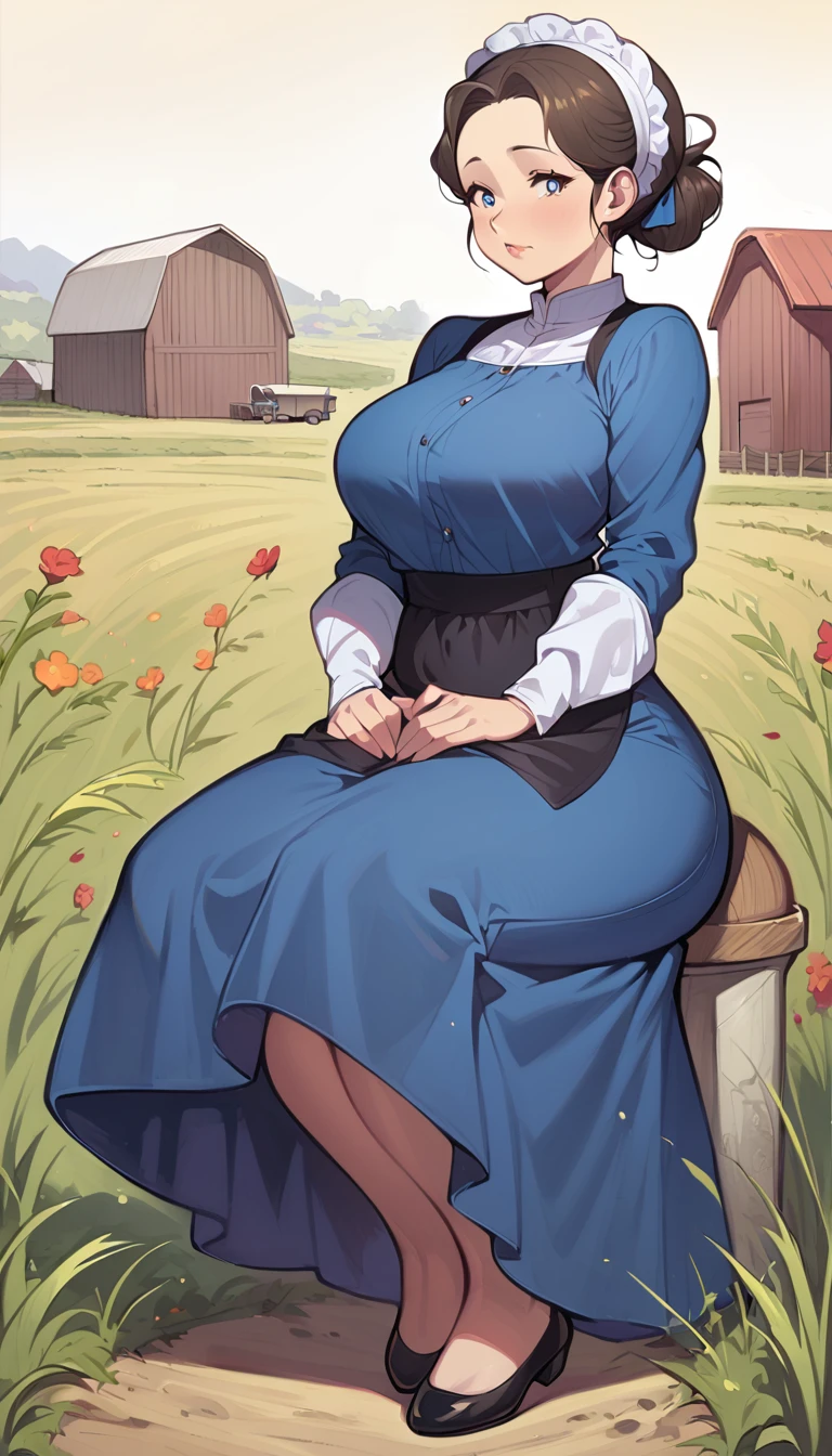 1woman, mature, adult amish woman, 40 years old, pale skin, long sleeved blue dress, she wears small black apron over her blue dress, full body shown, very short brown hair in a conservative style, updo hairstyle, white bonnet kapp that covers a majority of her hair, no excess hair at the back of her head, wide hips, thick thighs, wearing simple black flats, thick legs, slightly below the knee dress, slight face wrinkles, tight sleeves, standing upright in a farm field, no makeup, hands on lap, side view, aged face, busty, hourglass body figure, rosy cheeks