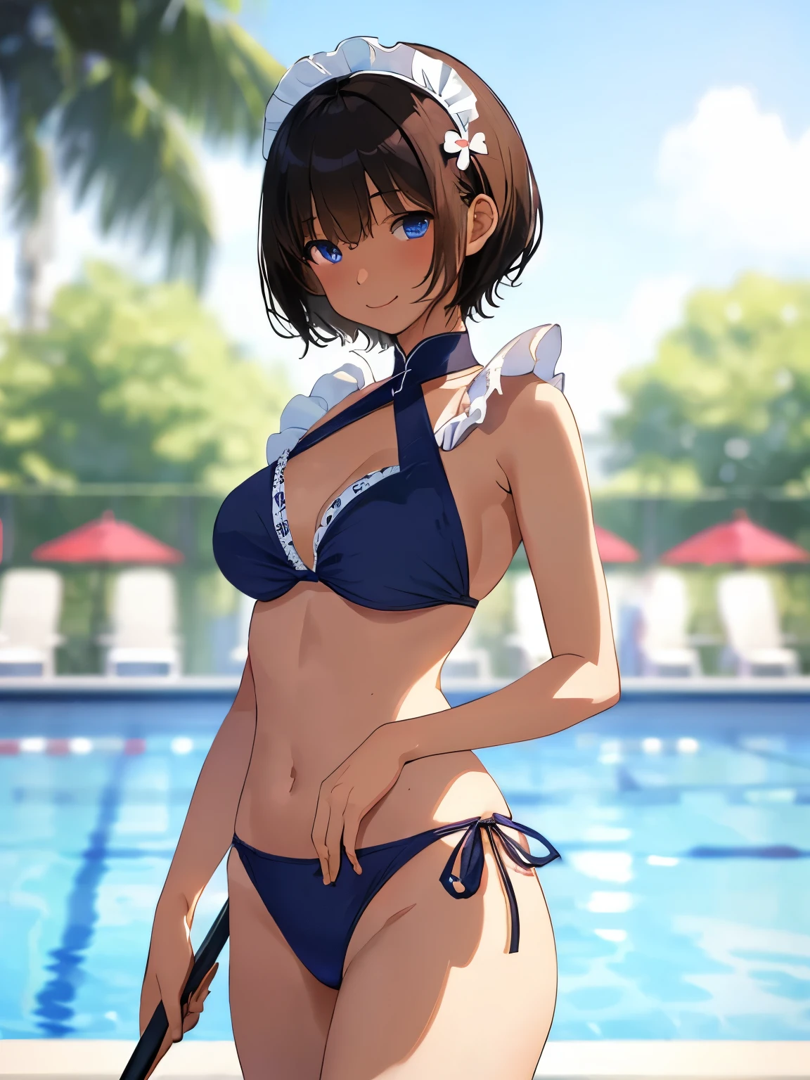 best quality, masterpiece, (独奏:1.2), (1 Female:1.2)、Age 25、Larger breasts、(Slender figure)、(Maid Style:1.2)、(bikini:1.2)、(Cleaning up by the pool:1.3)、(Poolside cleaning)、(Thighs)、(White highlight in pupil:1.2)、(Dark blue eyes)、(Black-haired:1.2)、(short hair)、(Look at the audience:1.2)、(Brown Skin:1.3)、(Dark Skin:1.3)、(blush)、(A shy smile)、(Blur the background to make the woman stand out:1.3)、(rainbow)