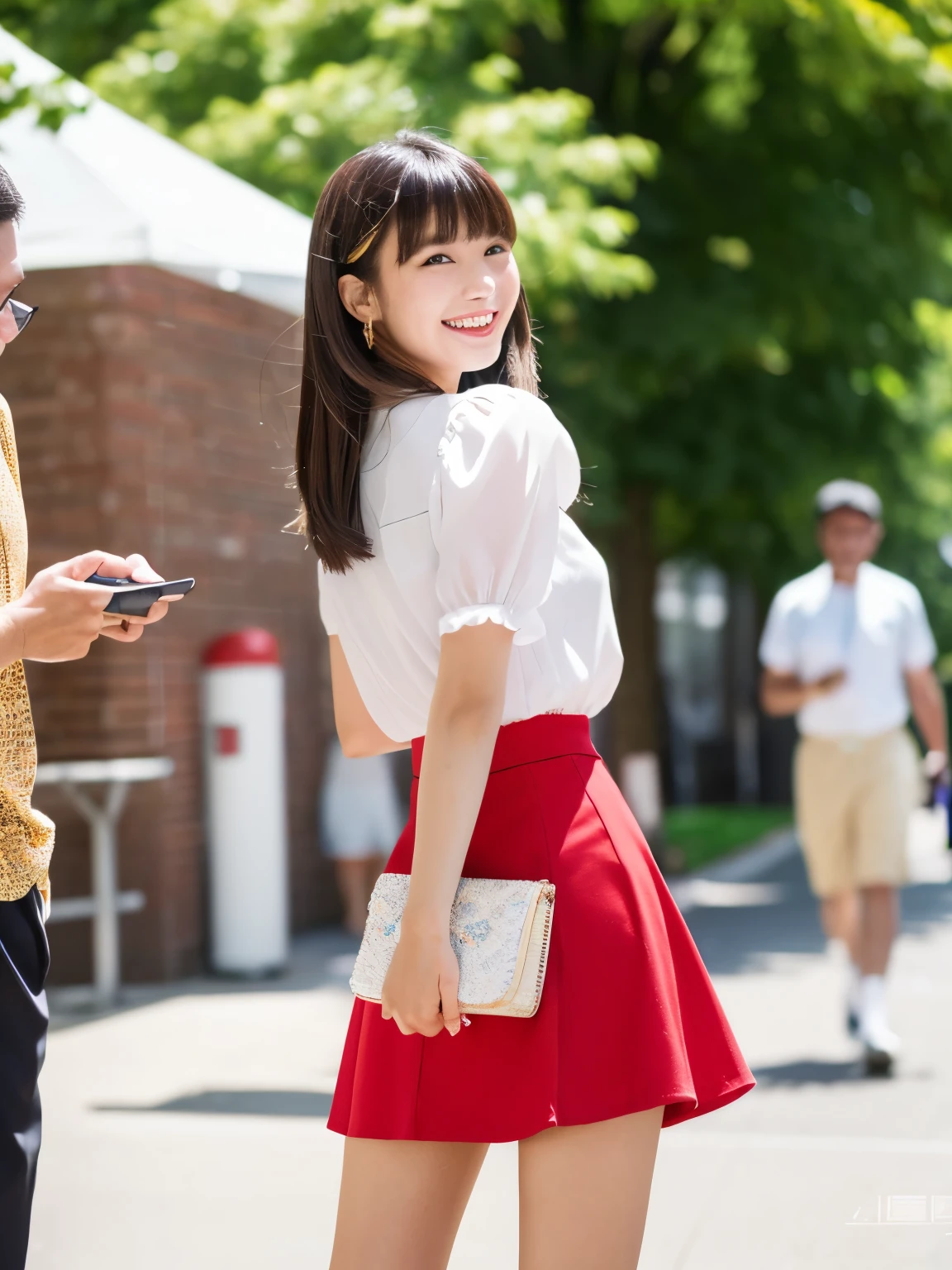 masterpiece , Highest quality , Very detailed , 8k , Cute Woman , One girl , blouse , bangs , smile , White teeth , Symmetrical eyes, 半袖blouse、mini skirt、Red Heels、Summer daytime、She was surprised when a man called out to her on campus.、