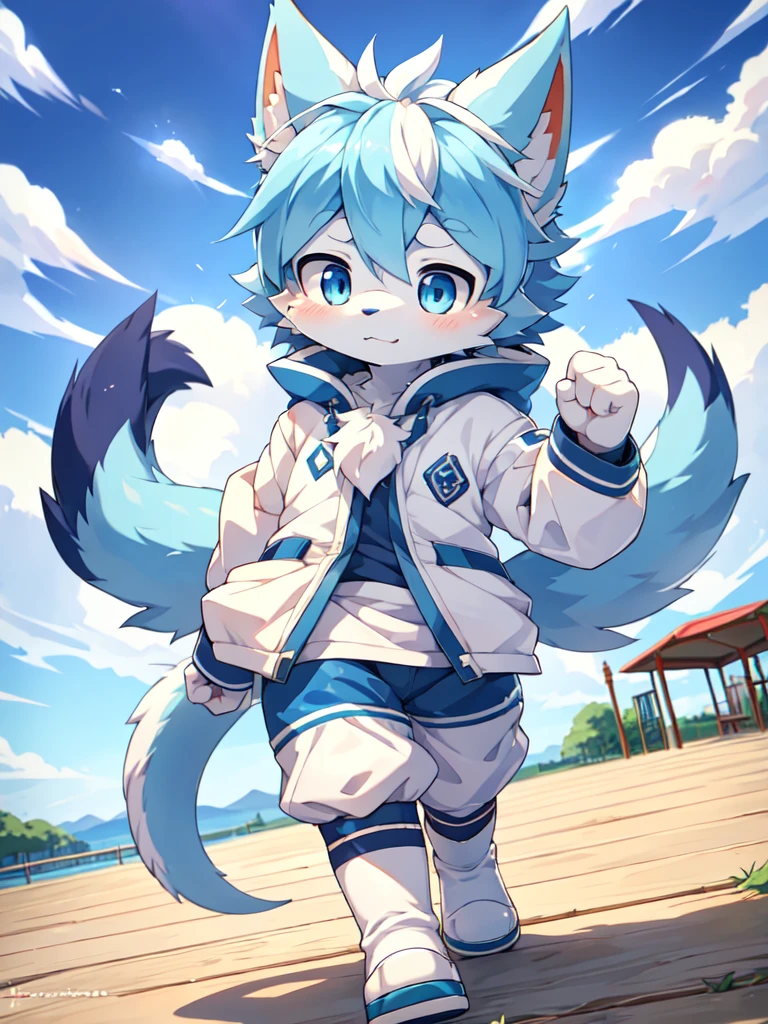 Blue hair,White hair,Blue dragon tail,The end of the tail has white fuzz,hairy,God of Art Super Top Quality, Super detailed, High resolution, Anime cute art style, The best anime, 8k, Kona sauce wallpaper, Pixiv Contest Winners, Perfect anatomical structure, , (Energetic ager, 13 y), High resolution详细的头发,Iris and pupil are well proportioned,Blue pupils,Blue ears,Single,Light blue coat,White shorts,White boots,playground