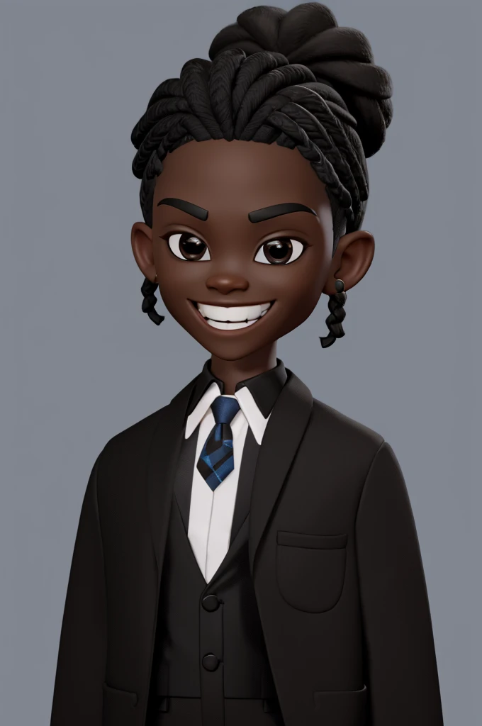  boy character, in black skin color, wear a blazer and black pants, smiling face and braids on the top of the head and shaved side of the head, do it yourself 