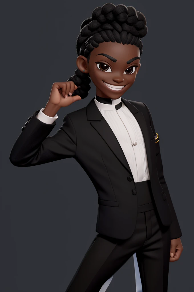  boy character, in black skin color, wear a blazer and black pants, smiling face and braids on the top of the head and shaved side of the head, do it yourself 