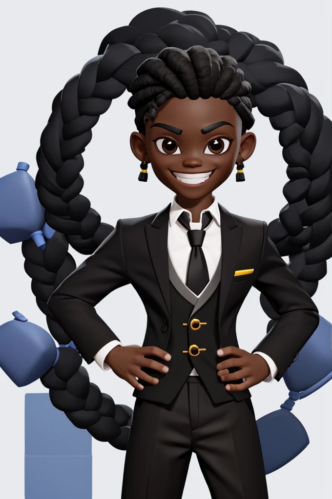 boy character, in black skin color, wear a blazer and black pants, smiling face and braids on the top of the head and shaved side of the head, do it yourself