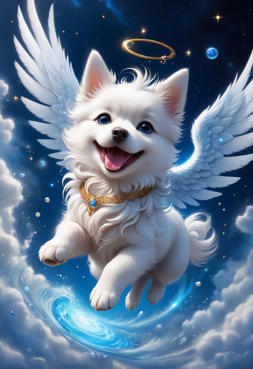 Mythical oriental mythological canid white furry cute dog white angel wings smile wings surrounded by galaxy splashes blue swirl(dynamic) Exquisite details, 豐富的畫面層次夢想最高品質 HD, masterpiece, Exquisite CG beautiful, Delicate and vivid illustrations, perfectly filmed with complex details, Realistic magical fantasy scene highly detailed structure surreal, Digital art, high detail, HD