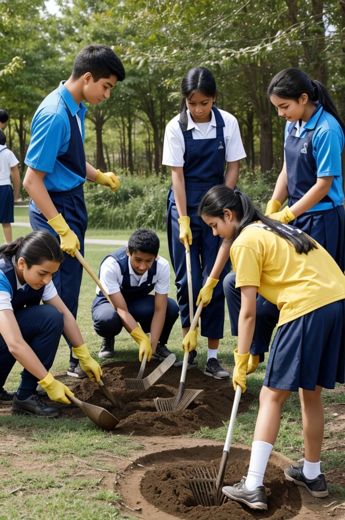 ---
**Writing Prompt:**
Describe a scene where a group of high school students are actively participating in an environmental protection project. Detail their diverse appearances, their uniforms or casual attire, and the various tasks they are engaged in, such as planting trees, cleaning up a park, or organizing a recycling drive. Highlight the sense of teamwork and camaraderie among the students, as well as the impact their efforts have on the environment and the community.
---