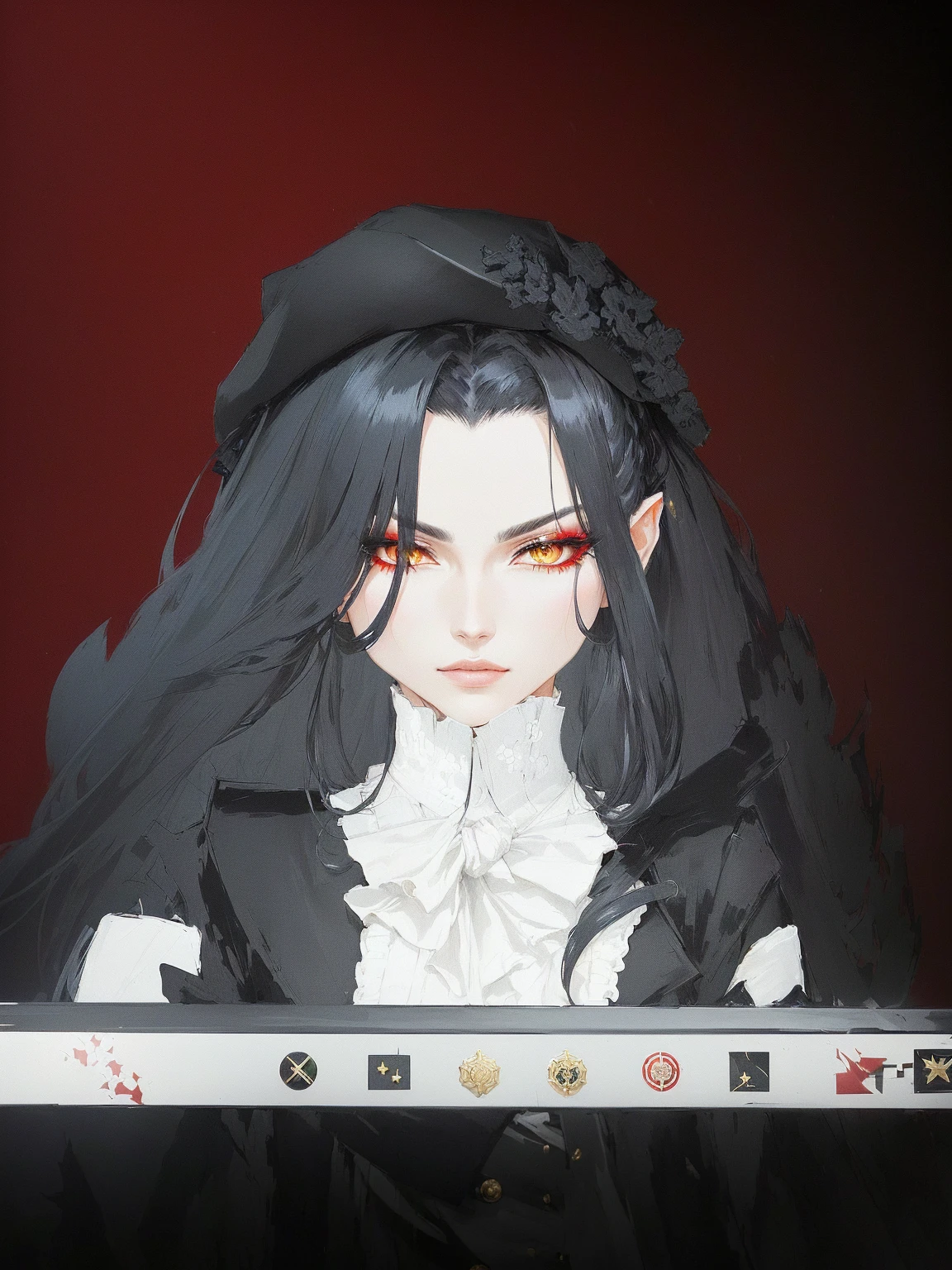 rich clothing, royal attire akira, a millitary general with black and white hair, a red and green clockwork eyes. She has a millitary designed outfit with a military suit and a tie, military badges, and a military hat,Pointy Ears, Anatomically Correct,
