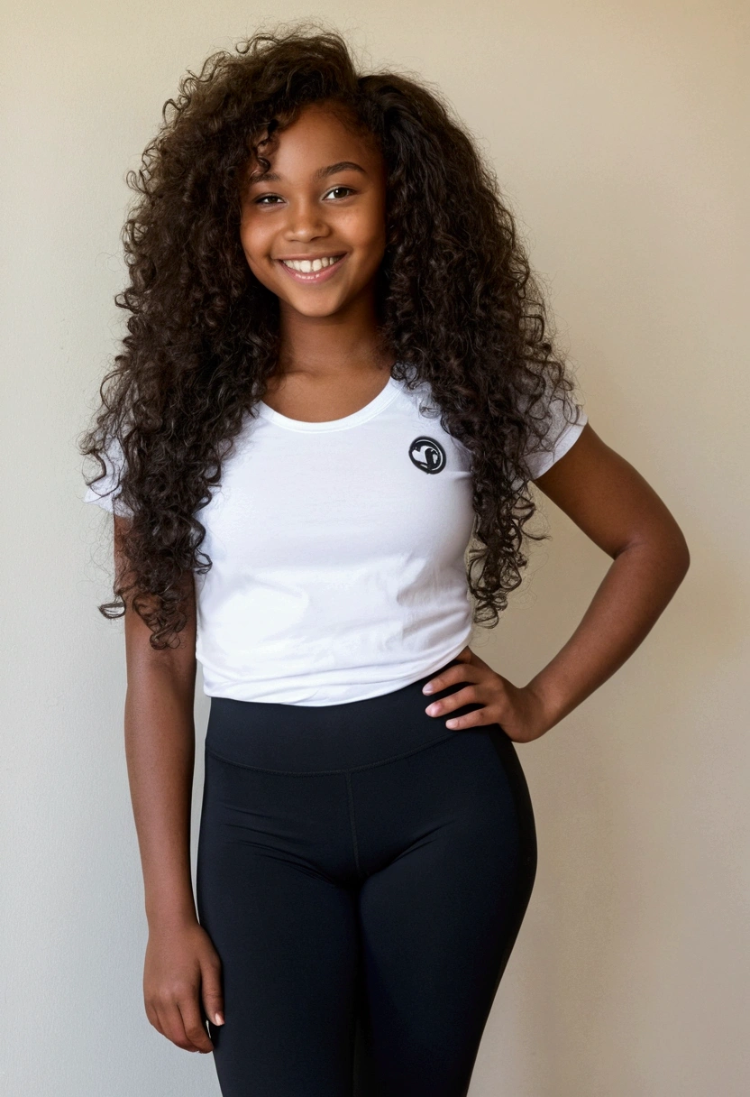 (16 yony girl, long curly hair, REALLY huge thighs, milf, white T-shirt and black legging, cameltoe pussy, smiling