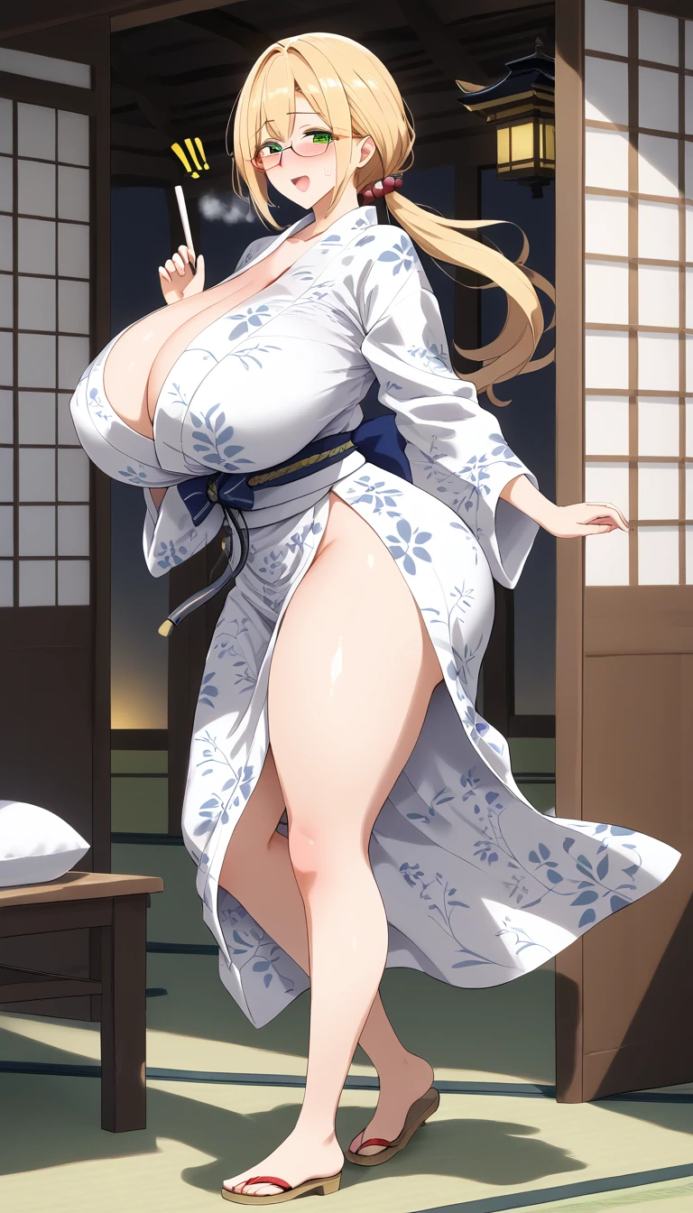 ((Wear it in summer or、A light cotton kimono to be used as a bathrobe)),(bathrobe),The clothes are fluffy,White panties,1girl in, Solo,(A MILF), (((maturefemale,Adult Woman))),masuter piece, of the highest quality, ultra-definition, max resolution, A highly detailed, Clean skin, Extremely sexy,Huge breasts,cleavage,blush,a sultry,Japanese-style room,sitting on, Above