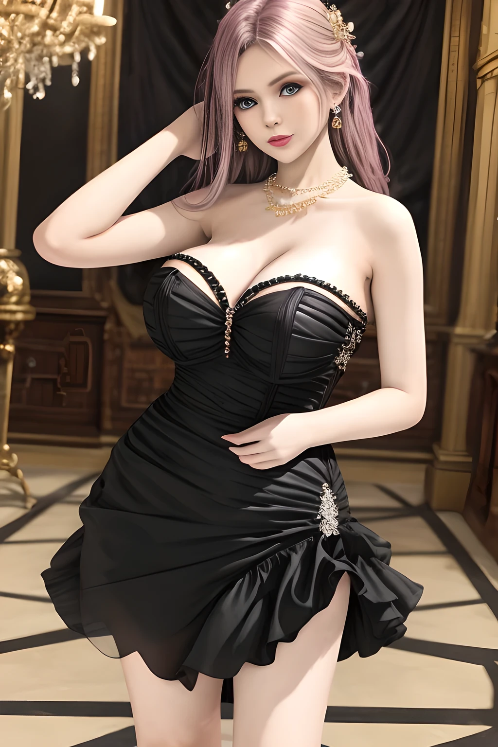 1girl is wearing an elegant black strapless dress. The dress is beautifully designed with ruching on the bodice and a cascading ruffled asymmetrical hem, adding a playful and chic touch to the outfit. The person is standing upright, with one hand gently touching their leg and the other hand relaxed by their side. The background is plain and neutral, drawing attention to the dress itself. The lighting is soft, highlighting the details of the dress and creating a fashionable and stylish atmosphere,, huge breasts, elise