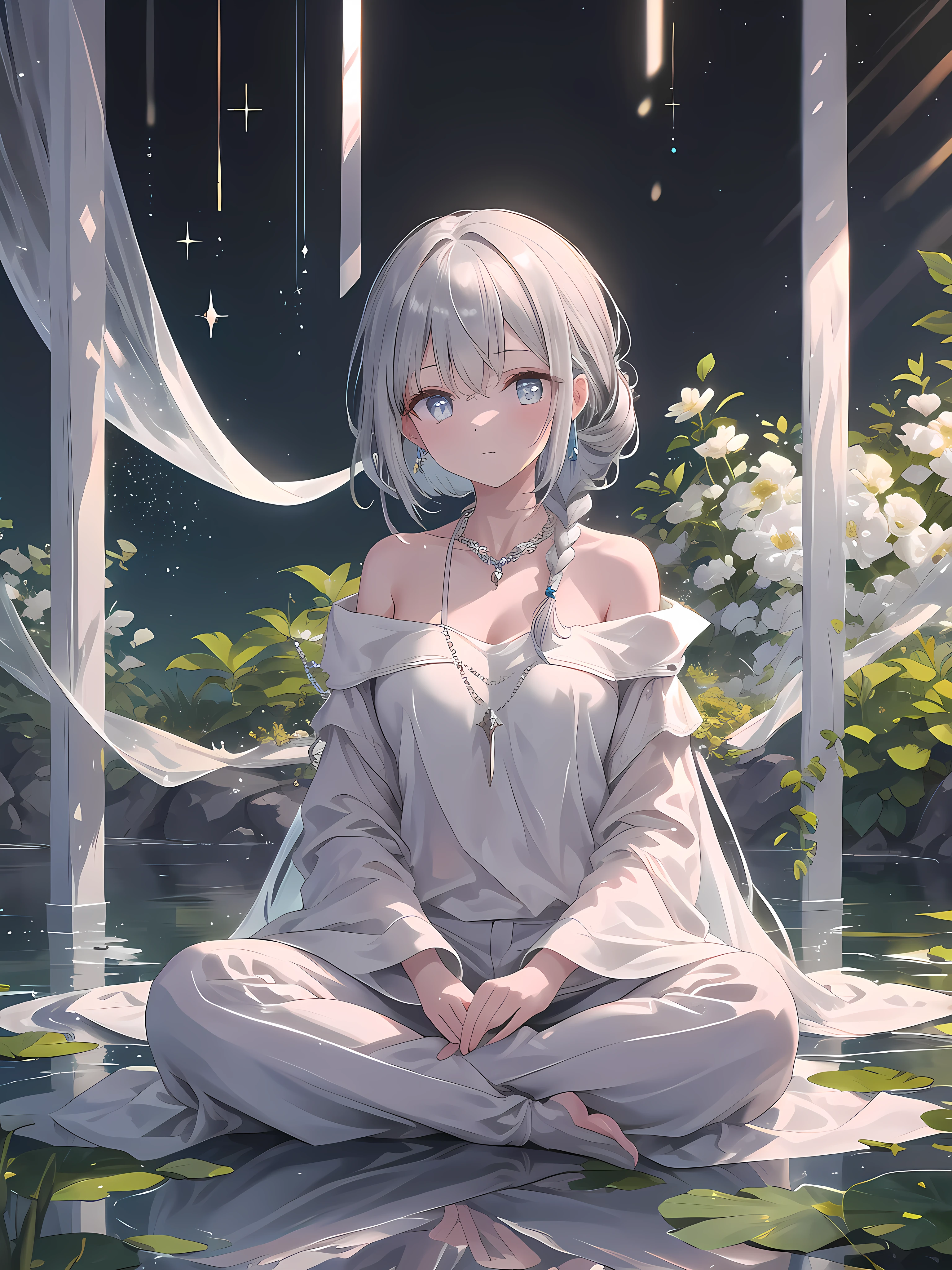 ((8k, best quality, master piece: 1.3)),super high resolution,(1 girl, solo), (colorshift eyes, hyperdetailed, expressive sparkling, glitter, glowing eyes), ultra detailed eyes, ultra-detailed face, random hair, ((silver gray color)), A silver-haired woman is seen meditating by a magical lake, wearing a light linen tunic and trousers, with a calm lake and lush greenery in the background. She sits in the lotus position, a silver necklace sparkling around her neck. Magical light surrounds her, reflecting off the surface of the lake to create a beautiful scene. A braided hairdo hangs over her shoulders, and natural light illuminates her lustrous, translucent skin. Her eyes are a deep green, and her magical powers reveal the depths of her quiet meditation. Her meditating figure is calm, and she is depicted as one with the natural background, creating a soothing atmosphere.