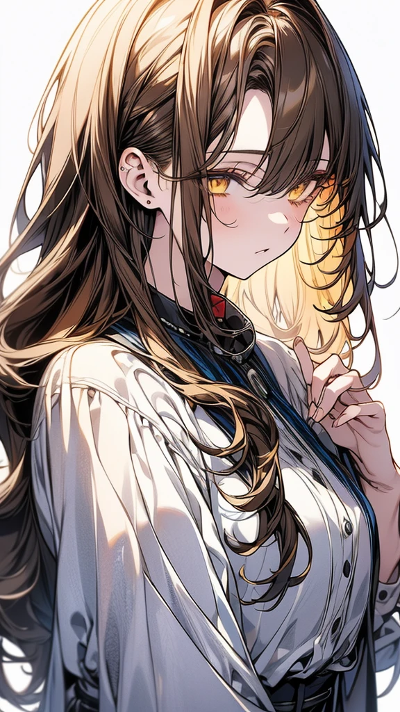 (Top resolution、Distinct_image)top-quality、(A girl) 、masterpiece、highly detailed, half body, Semi-realistic、 ( yellow eyes ) 、18year old,
( ginger hair ) ,young , (yellow inside), Facial features ,variation potrait, long hair , teenage, cool , cold sharp eyes, , {Very detailed 8k CG unit wallpaper}, students, (white oversized shirt ,music club background, Handsome,cool musician