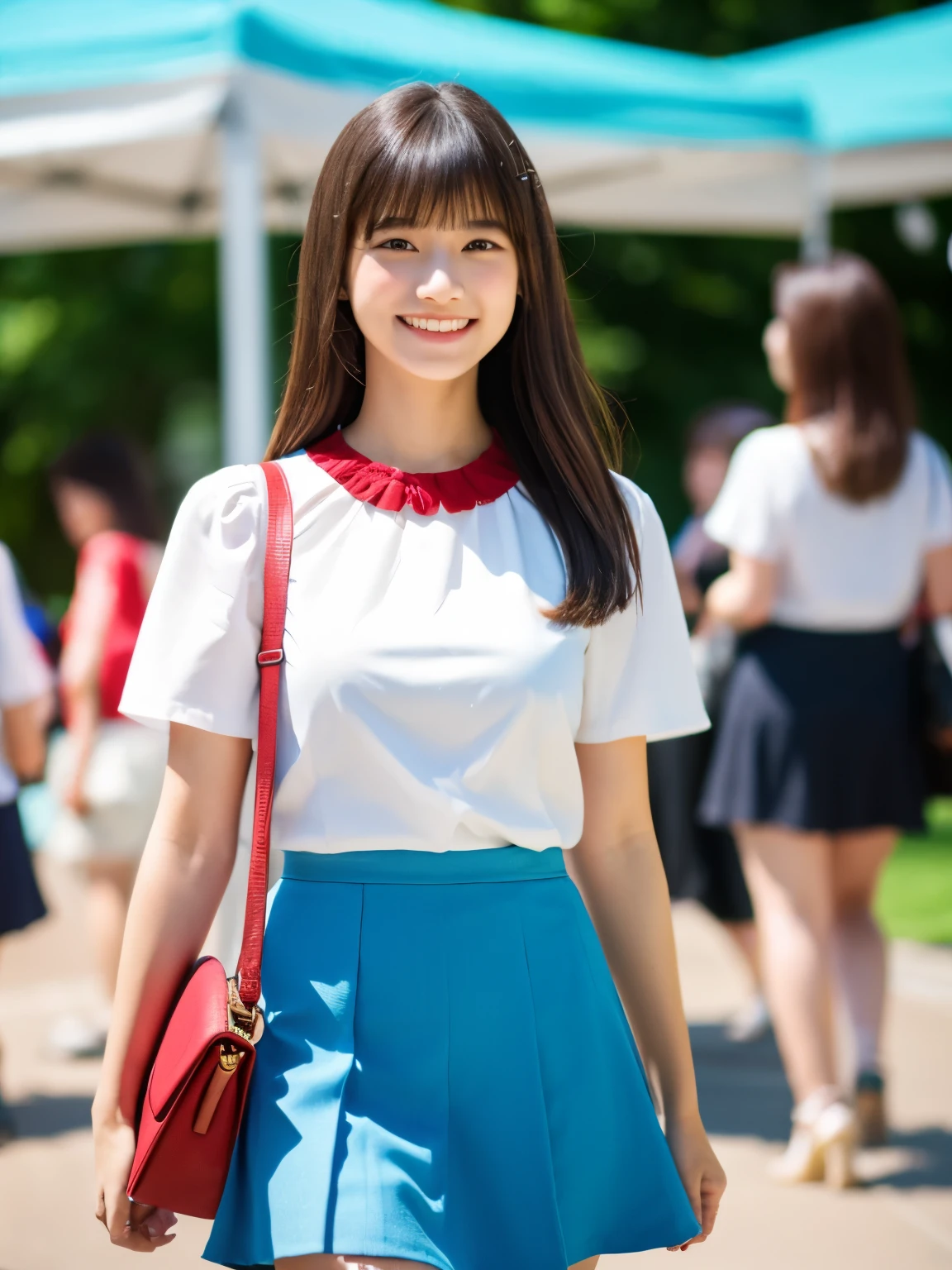 masterpiece , Highest quality , Very detailed , 8k , Cute Woman , One girl , blouse , bangs , smile , White teeth , Symmetrical eyes, 半袖blouse、mini skirt、Red Heels、Summer daytime、Participating in events on campus、